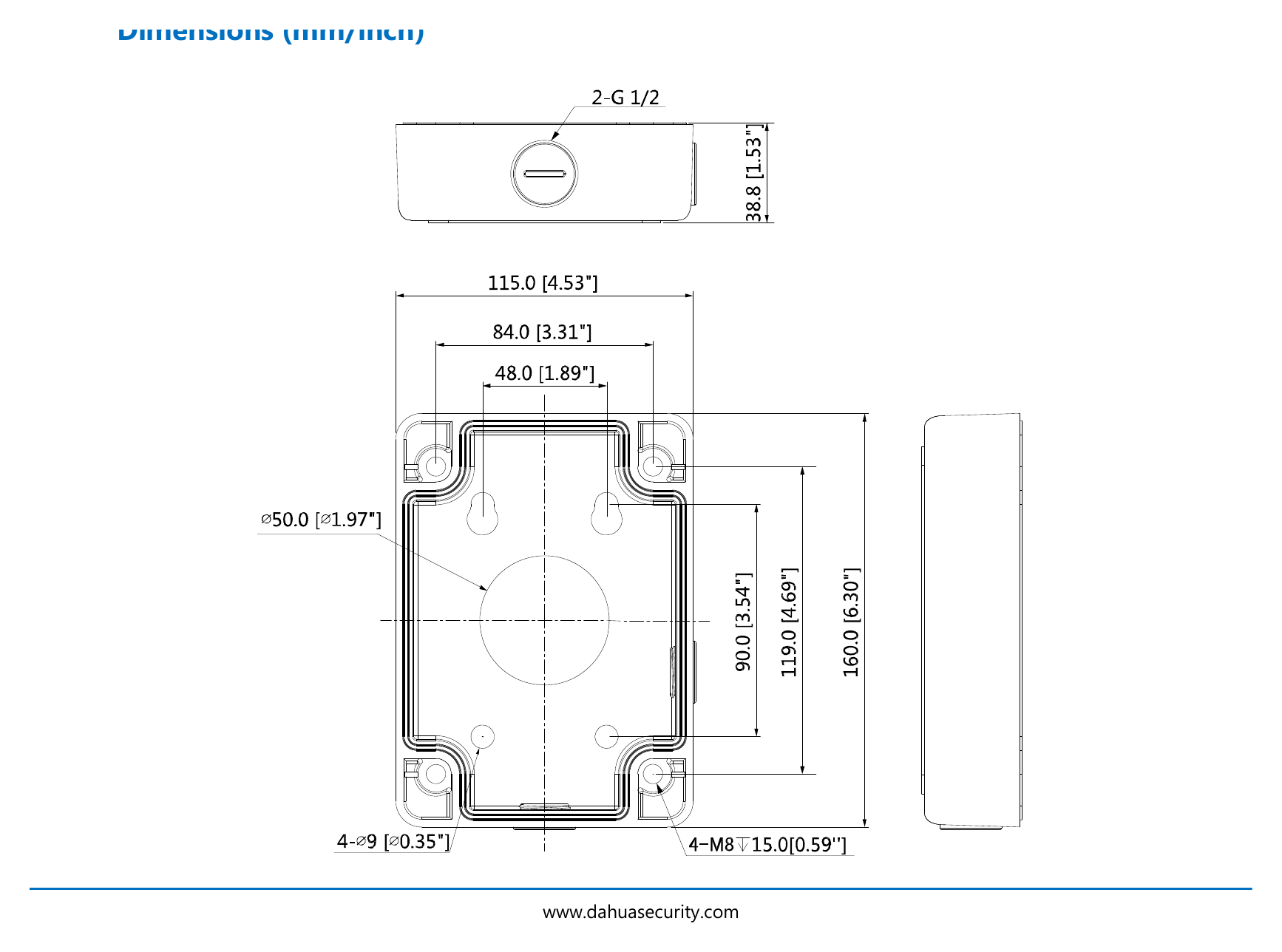 DH-PFA120 外形尺寸圖 115.0mmx160.0mmx38.8mm (4.53”x6.30”x1.53”)｜重量 0.53kg(1.17lb)｜Unit: mm