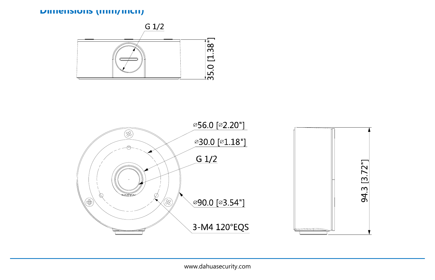 DH-PFA134 外形尺寸圖 Φ90.0mmx35.0mm (Φ3.54”x1.38”)｜重量 0.26kg(0.57lb)｜Unit: mm