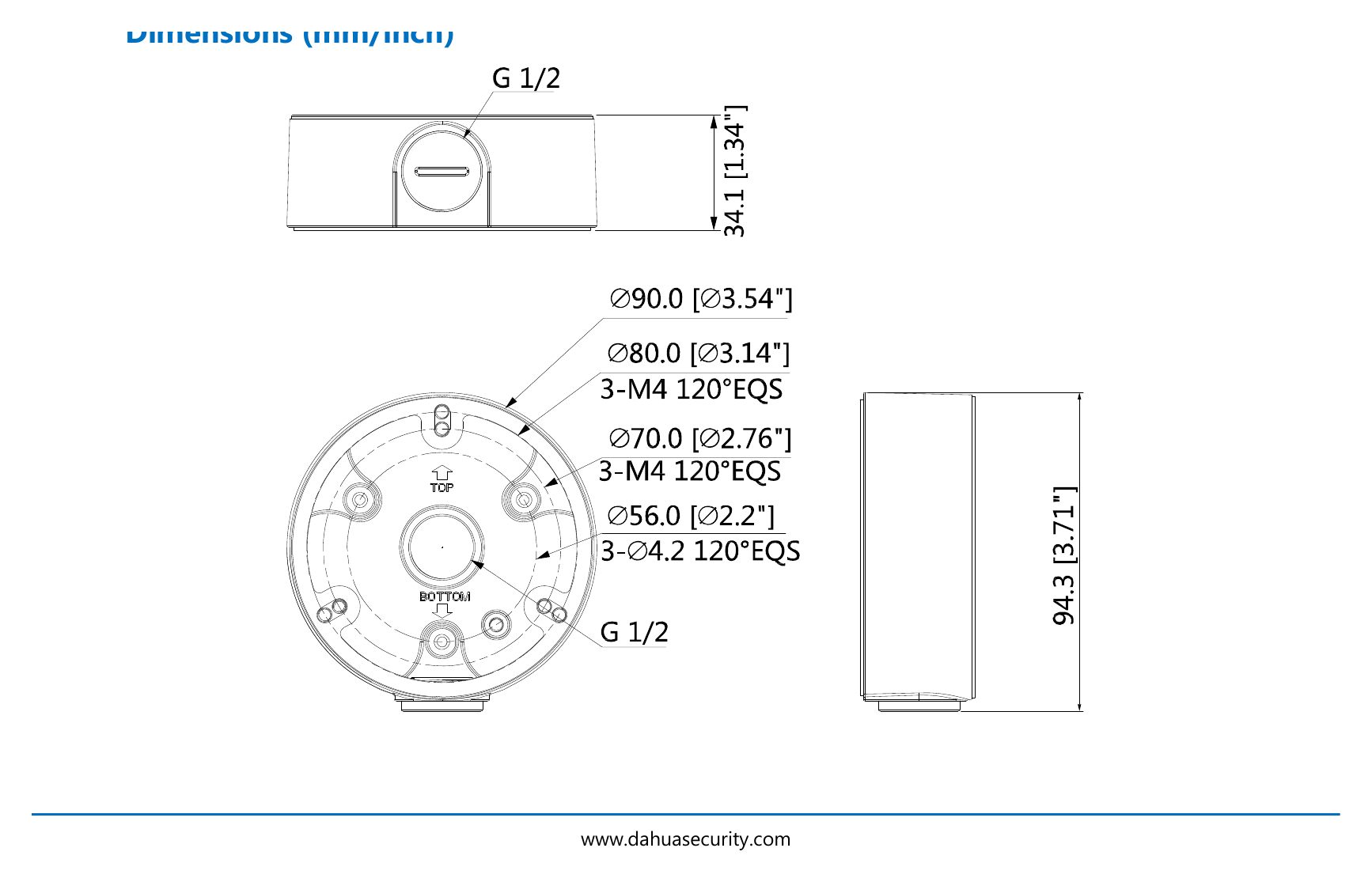 DH-PFA135 外形尺寸圖 Φ90.0mmx34.1mm (Φ3.54”x1.34”)｜重量 0.16kg(0.35lb)｜Unit: mm