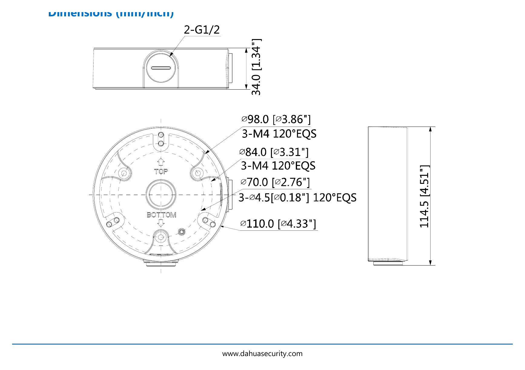 DH-PFA136 外形尺寸圖 Φ110.0mmx34.0mm (Φ4.33”x1.34”)｜重量 0.19kg(0.42lb)｜Unit: mm