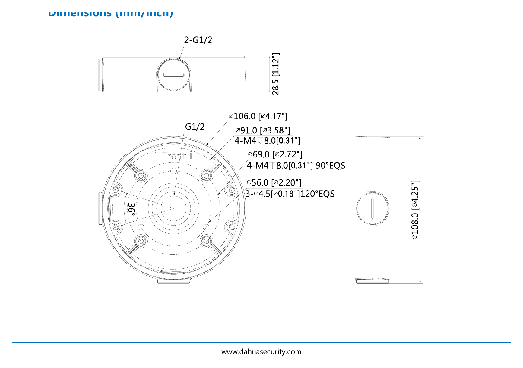 DH-PFA139 外形尺寸圖 Φ108.0mmx28.5mm (Φ4.25”x1.12”)｜重量 0.16kg(0.35lb)｜Unit: mm