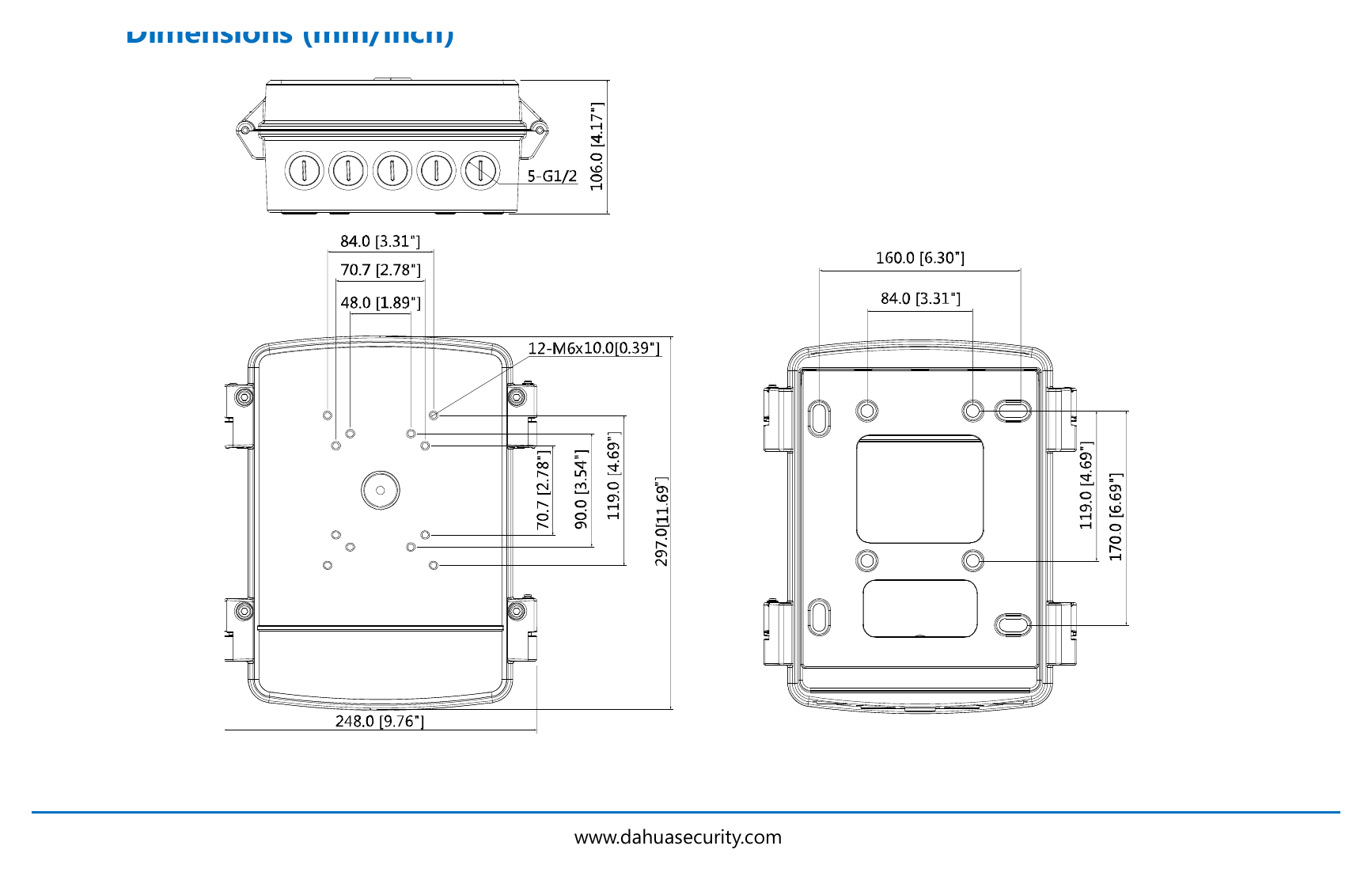 DH-PFA140A 外形尺寸圖 297.0mm x 248.0mm x 106.0mm (11.69” x 9.76” x 4.17”)｜重量 3.2kg(7.05lb)｜Unit: mm