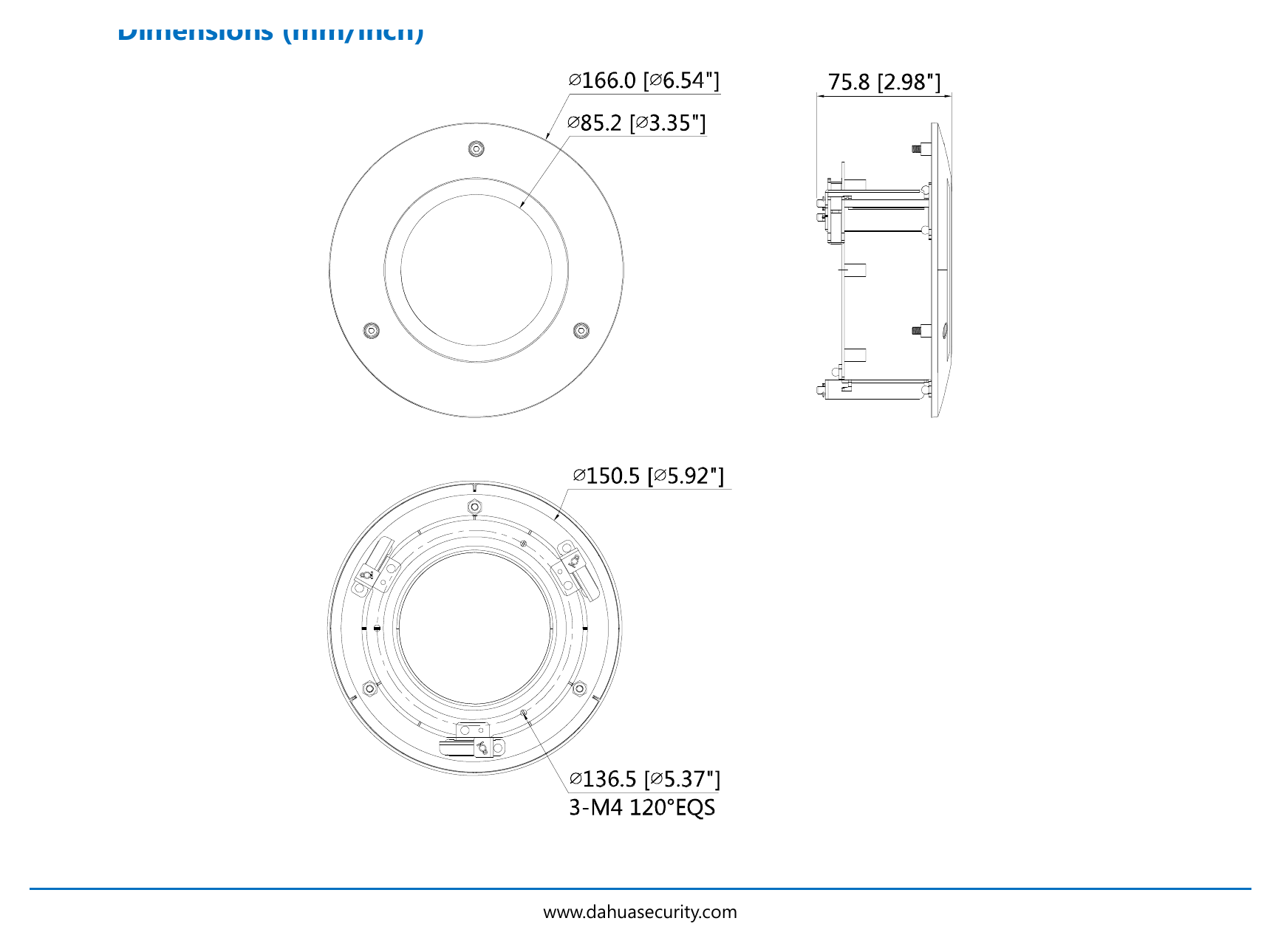 DH-PFB200C 外形尺寸圖 Φ166mmx75.8mm (Φ6.54”x2.98”)|重量 0.32kg (0.71lb)|Unit: mm