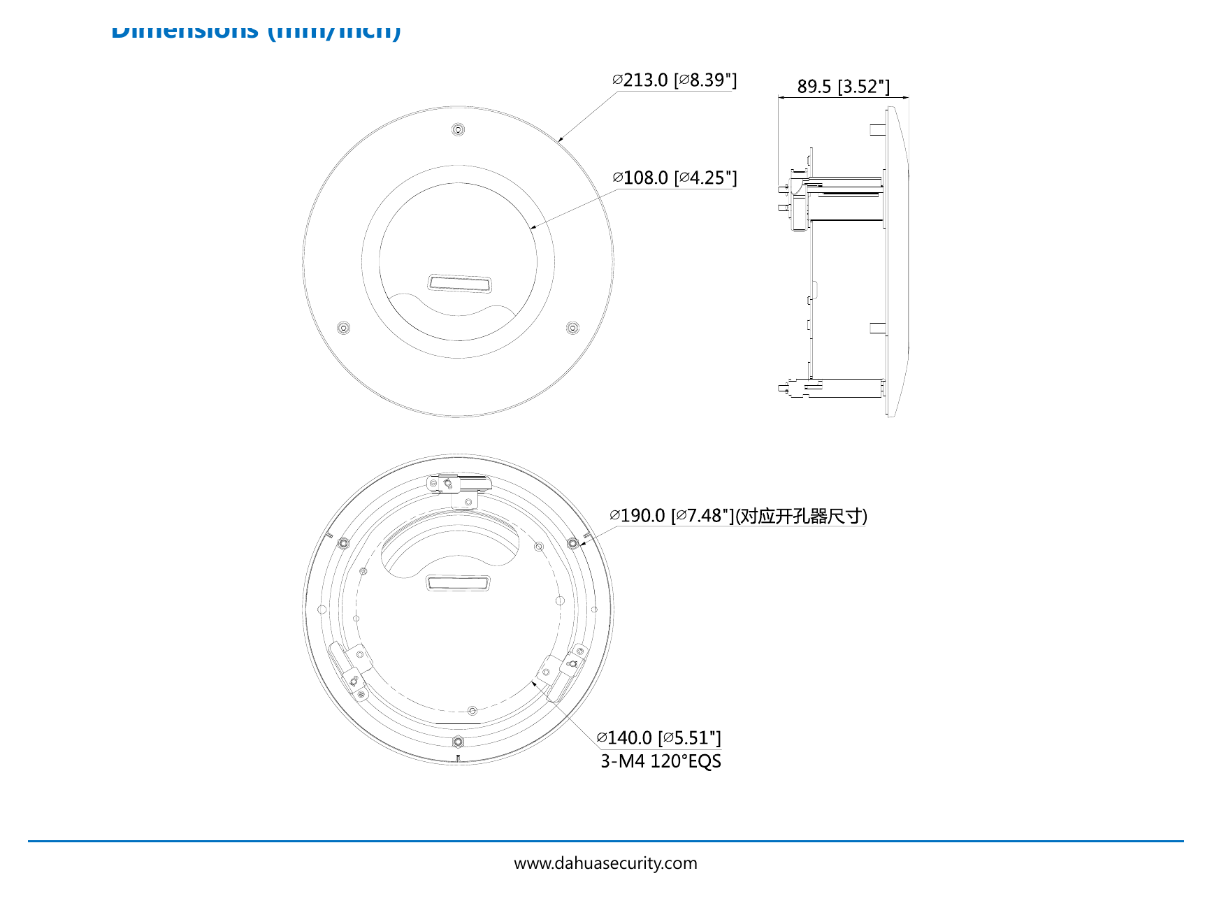 DH-PFB201C 外形尺寸圖 Φ213mmx89.5mm (Φ8.39”x3.52”)｜重量 0.61kg (1.34lb)｜Unit: mm