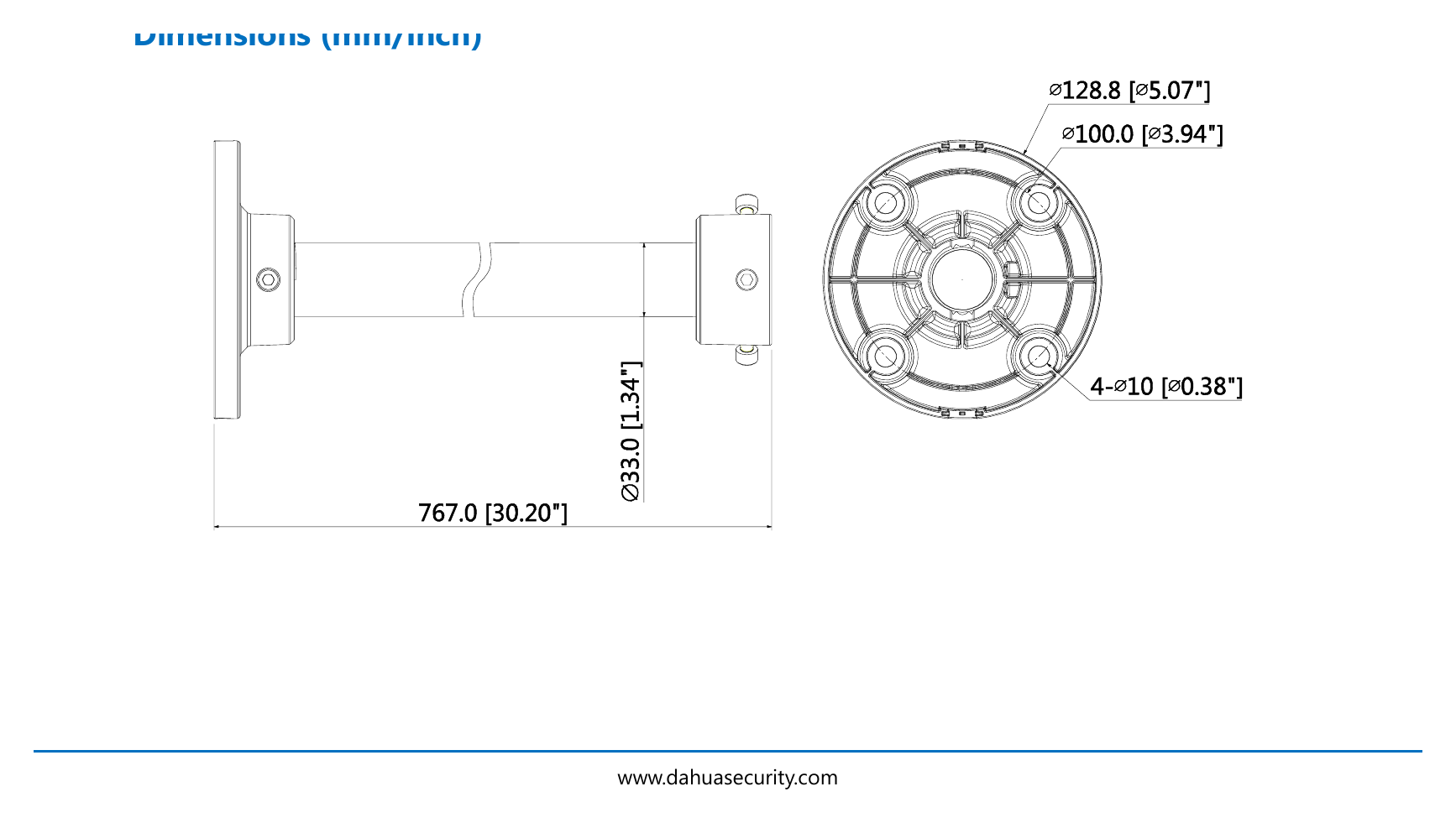 DH-PFB220C 外形尺寸圖 Φ128.8mmx767.0mm(Φ5.07”x30.2”)|重量 0.9kg(1.98lb)|Unit: mm