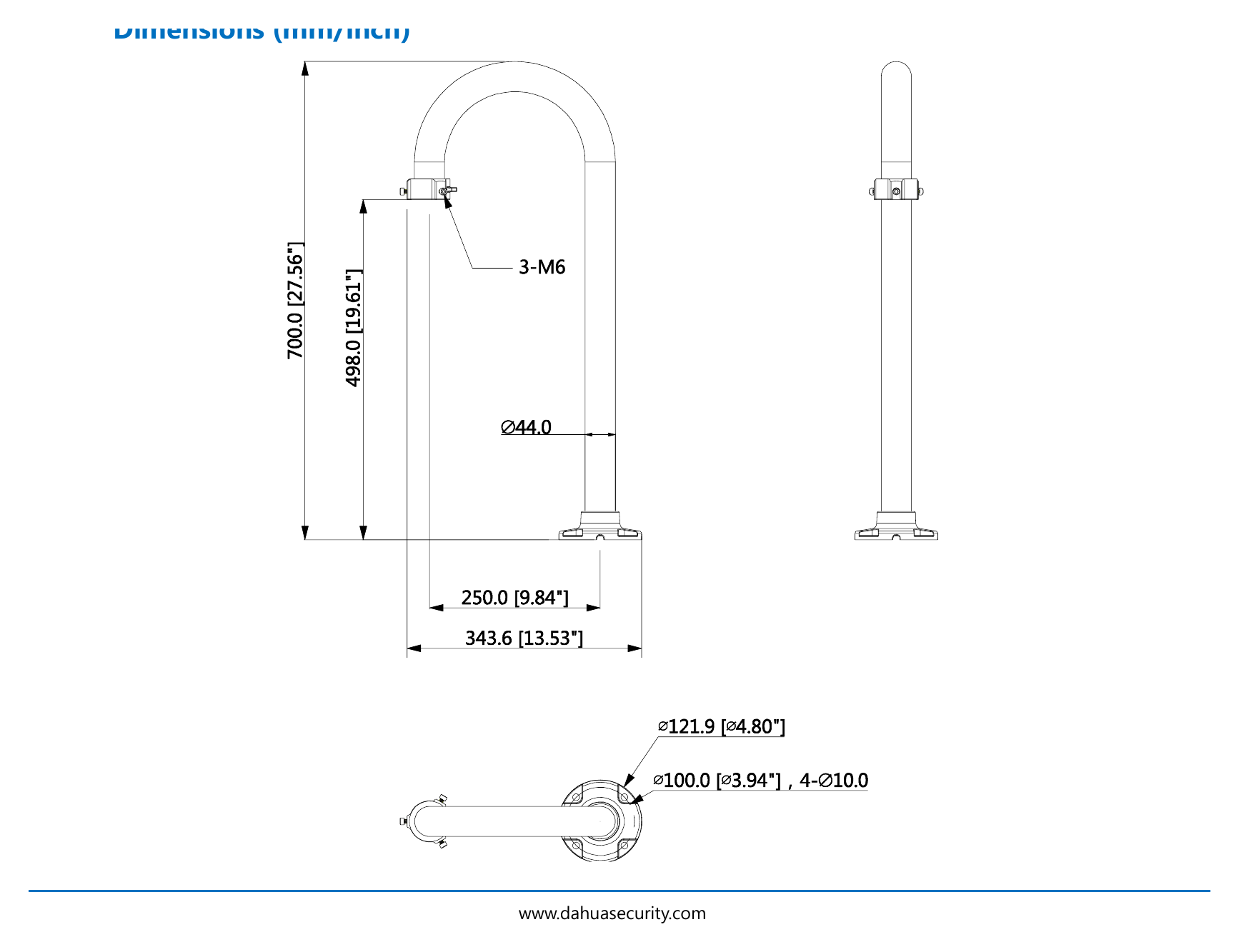 DH-PFB301S-E 外形尺寸圖 343.6mmx121.9mmx700.0mm (15.53”x4.8”x27.56”)|重量 1.8kg (3.97lb)|Unit: mm