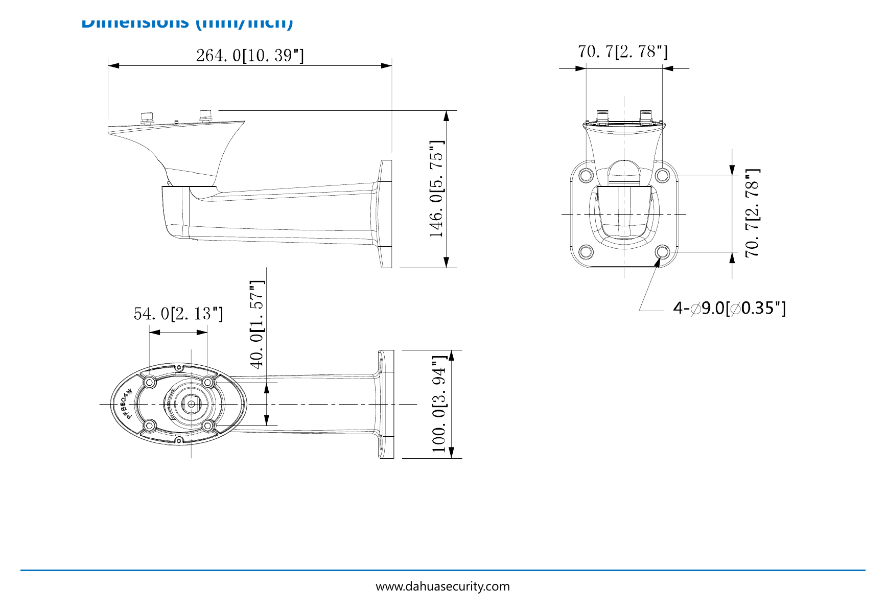 DH-PFB604W 外形尺寸圖 264.0mmx100.0mmx146.0mm (10.39”x3.94”x5.75”)｜重量 0.56kg(1.23lb)｜Unit: mm