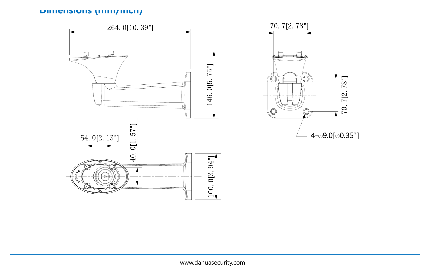 DH-PFB604WA 外形尺寸圖 264.0mm x 100.0mm x 146.0mm (10.39” x 3.94” x 5.75”)｜重量 0.6kg(1.32lb)｜Unit: mm