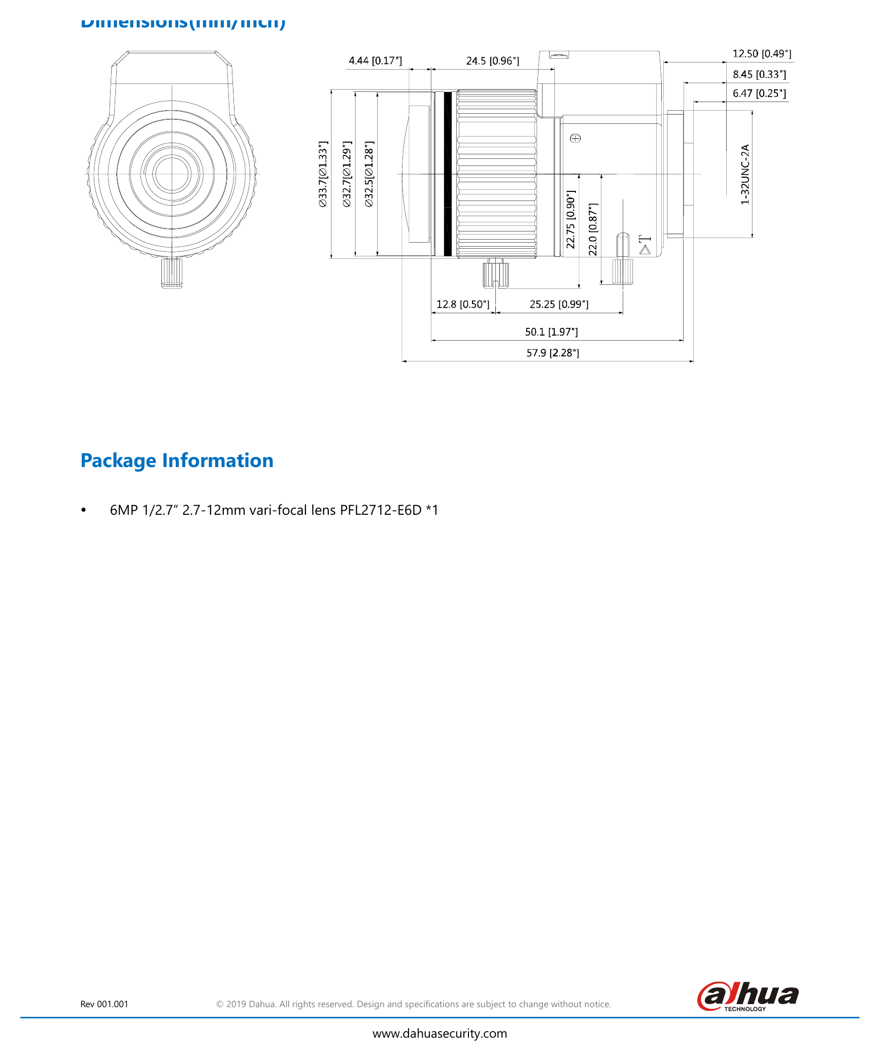 DH-PFL2712-E6D 外形尺寸圖 ɸ33.7mmx57.6mm (ɸ1.32”x2.27”)|重量 73.5g (0.16lb)|Unit: mm