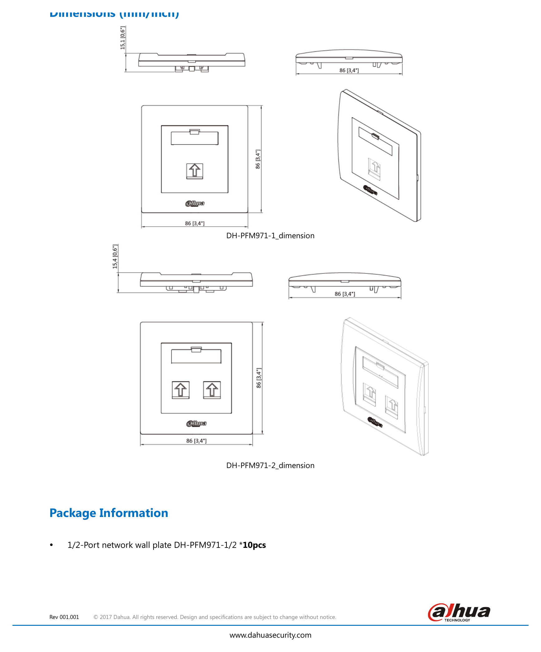 DH-PFM971-X 外形尺寸圖 86mmx86mm(3.39”x3.39”)｜重量 0.505kg(1.11lb) 0.527kg(1.16lb)｜Unit: mm