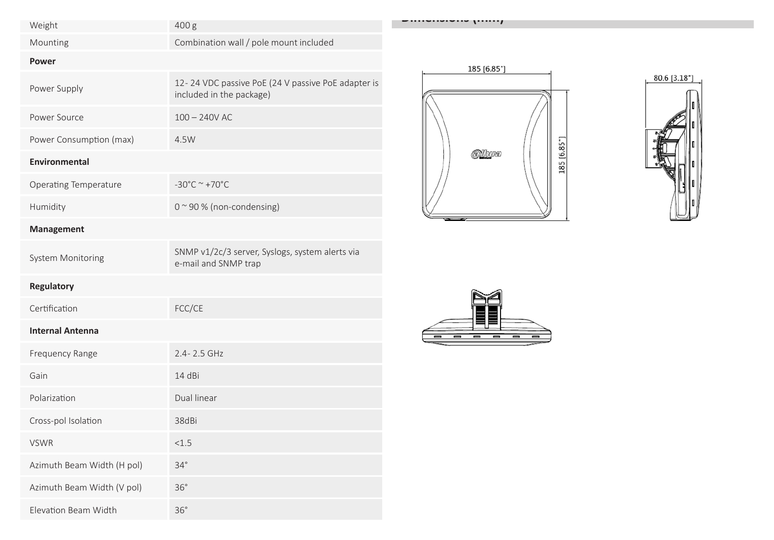 DH-PFWB2-30N 外形尺寸圖 185mm (length)×185mm (width )× 81mm (height )｜重量 400 g Dimensions (mm)｜Unit: mm