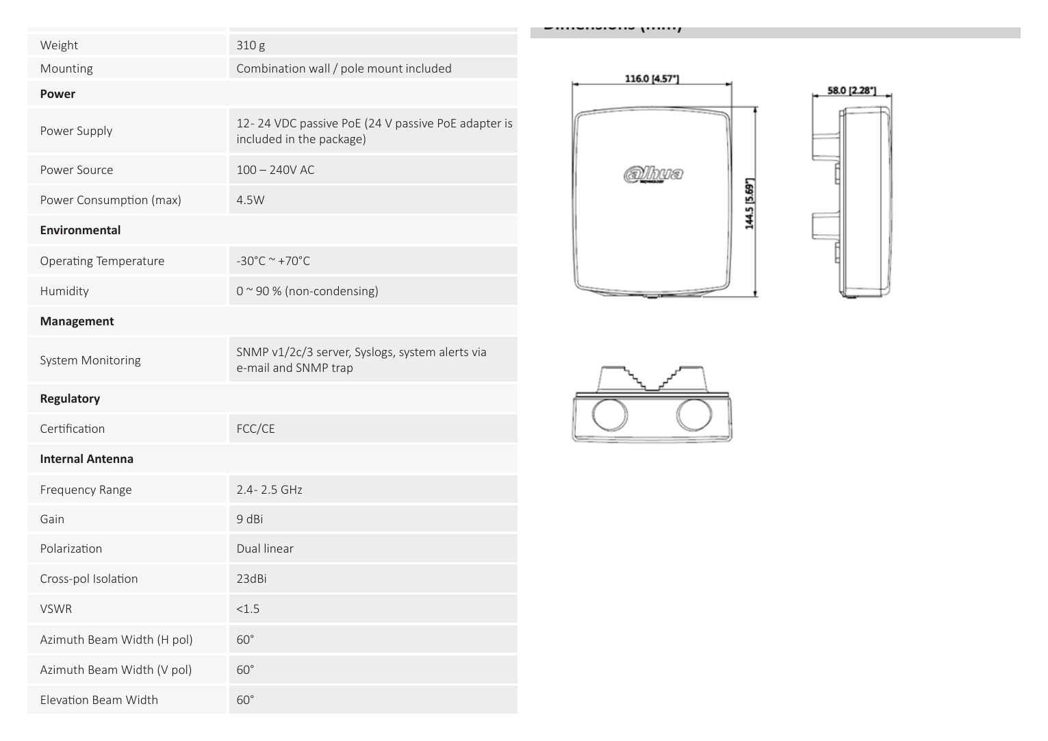 DH-PFWB2-60N 外形尺寸圖 145 mm (length)× 116mm (width )× 58mm (height ) Dimensions (mm)｜重量 310 g｜Unit: mm