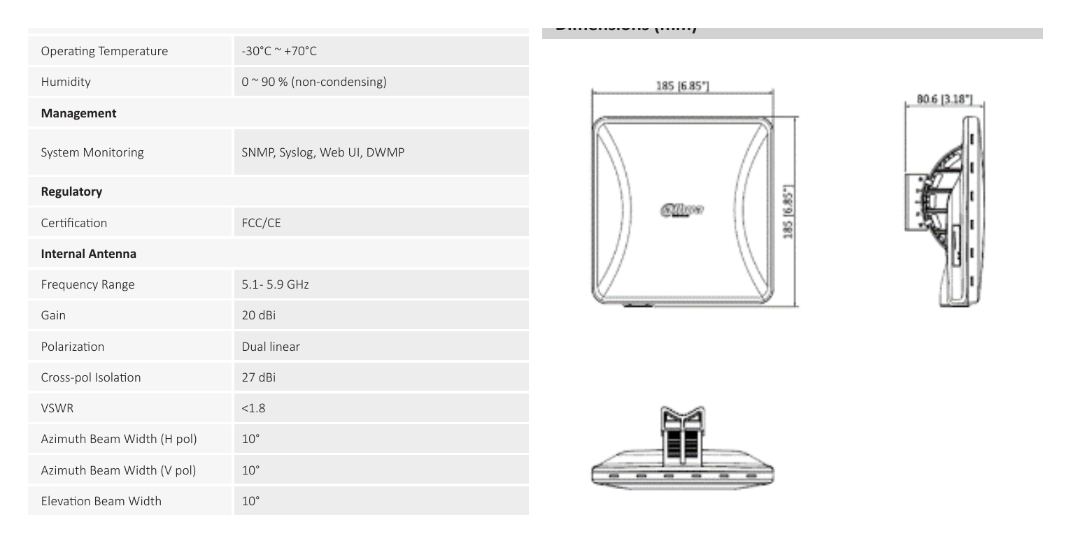 DH-PFWB5-10AC 外形尺寸圖 185mm (length)× 185mm (width )× 81mm (height ) 802.11 24 25 25 26 27 28 28 29｜重量 400 g｜Unit: mm
