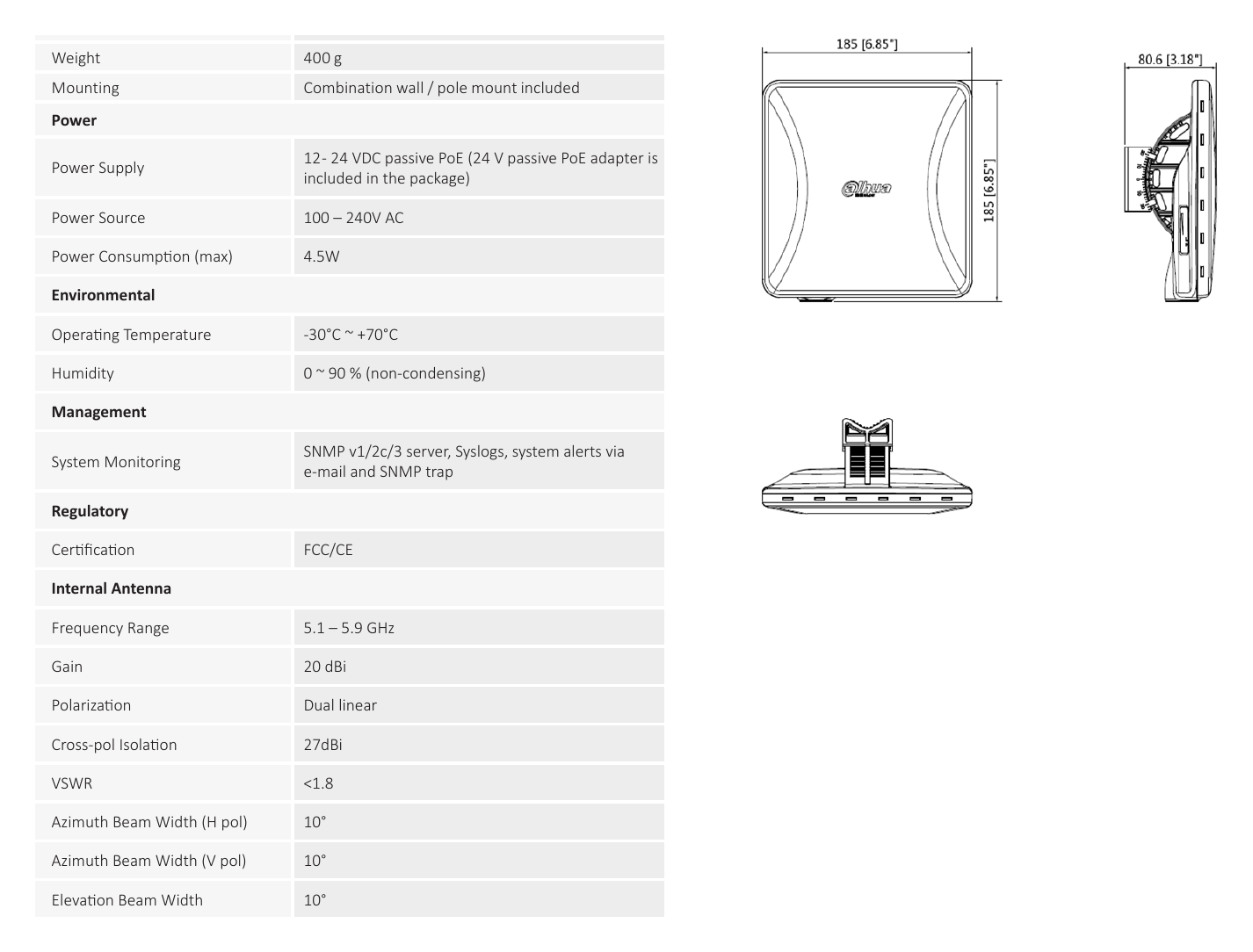 DH-PFWB5-10N 外形尺寸圖 185mm (Length)×185mm (width )× 81mm (height )｜重量 400 g｜Unit: mm