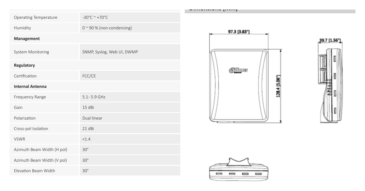 DH-PFWB5-30AC 外形尺寸圖 128 mm (length)× 97mm (width )× 40mm (height ) 802.11 24 25 25 26 27 28 28 29｜重量 200 g｜Unit: mm