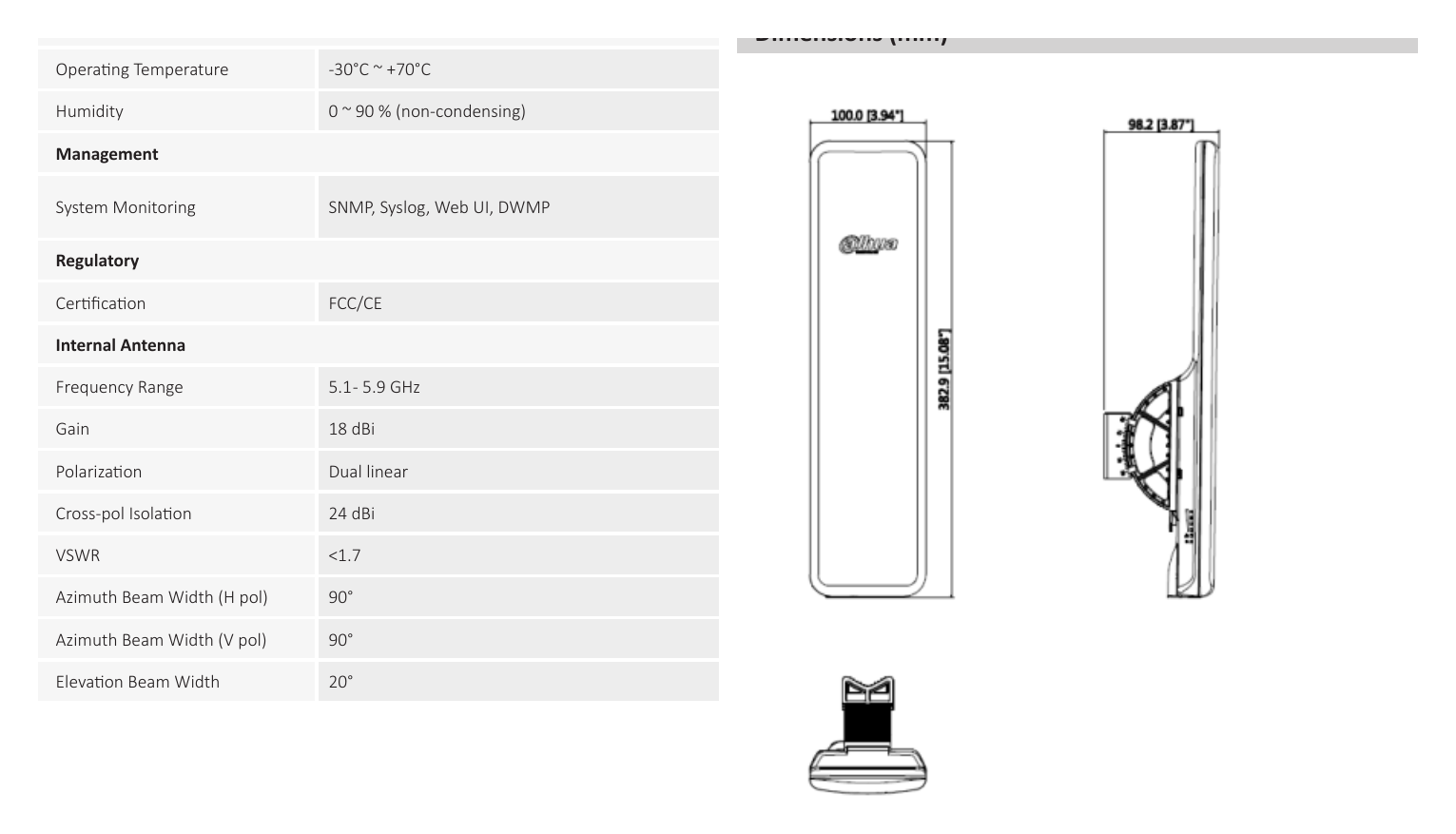 DH-PFWB5-90AC 外形尺寸圖 383mm (length)× 100mm (width )× 98mm (height ) 802.11 24 25 25 26 27 28 28 29｜重量 520 g｜Unit: mm