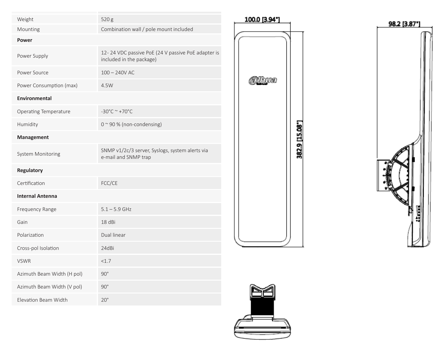 DH-PFWB5-90N 外形尺寸圖 383 mm (Length)× 100mm (width )× 98mm (height )｜重量 520 g｜Unit: mm
