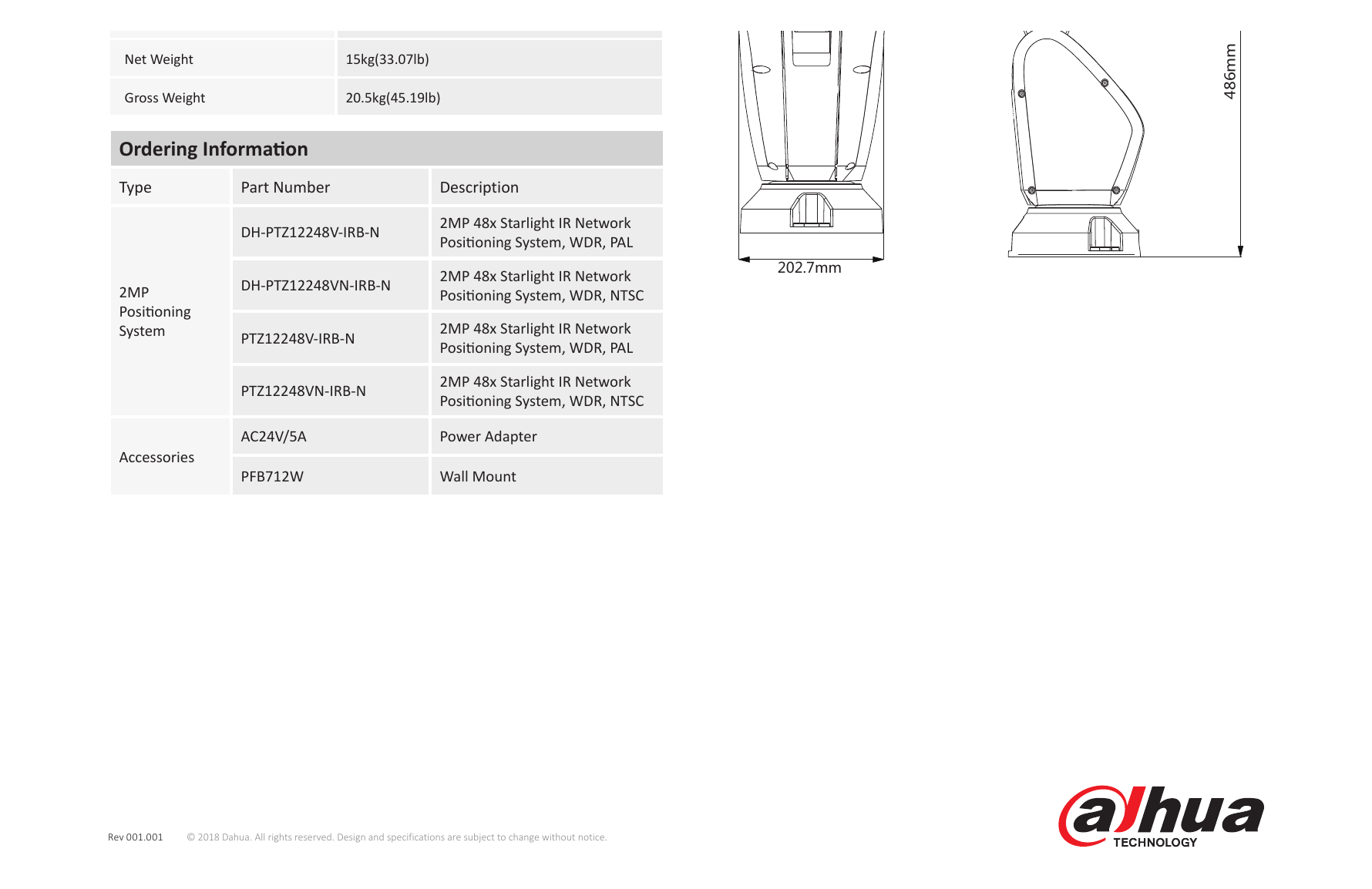 DH-PTZ12248V-IRB-N 外形尺寸圖 Φ203.2(mm) x 399 (mm) x 486 (mm) 486mm｜Unit: mm