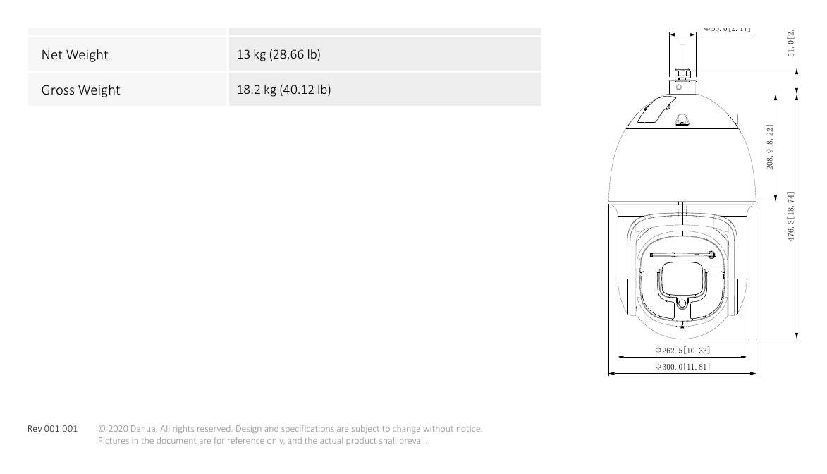 DH-SD10A848WA-HNF 外形尺寸圖 Φ300 mm × 527 mm (11.81" × 20.75") 51.0[2.01] Φ55.0[2.17]｜Unit: mm