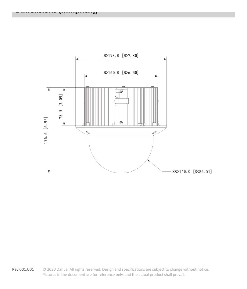 DH-SD52C225-HC-LA 外形尺寸圖 176.6 mm × Φ198.0 mm (6.95" × Φ7.80")｜Unit: mm