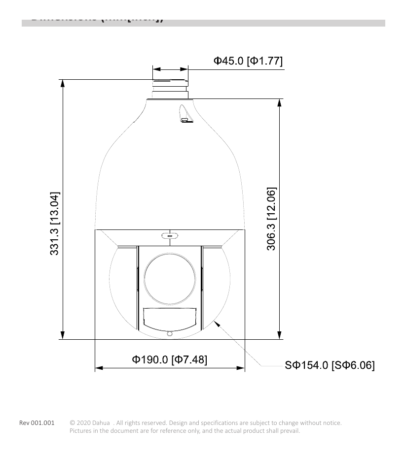 DH-SD5A245XA-HNR 外形尺寸圖 Φ190 mm × 332 mm (Φ7.48" × 13.07")｜Unit: mm