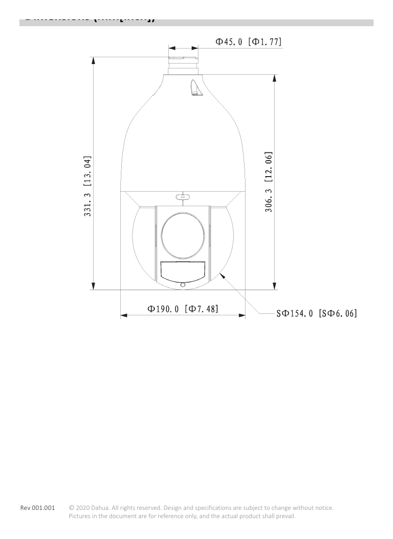 DH-SD5A432XA-HNR 外形尺寸圖 Φ190 mm × 332 mm (Φ7.48" × 13.07")｜Unit: mm