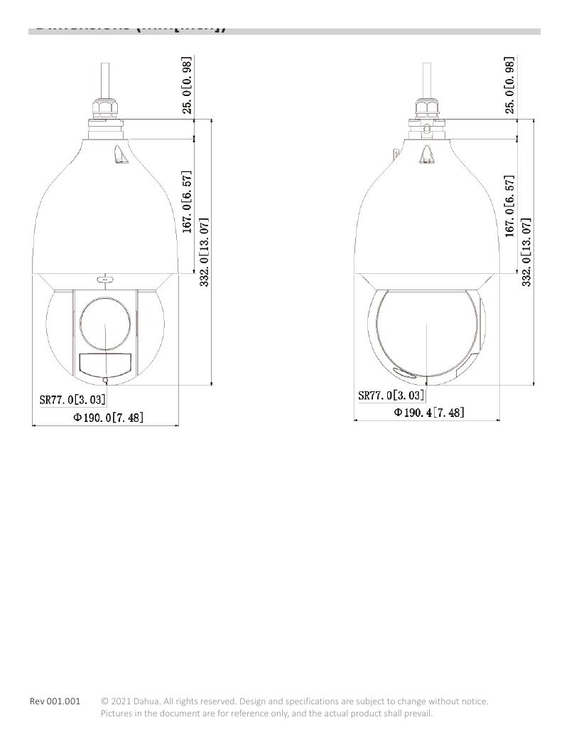 DH-SD5A825-HNR-YA 外形尺寸圖 Φ190 mm × 332 mm (7.48" × 13.07")｜Unit: mm
