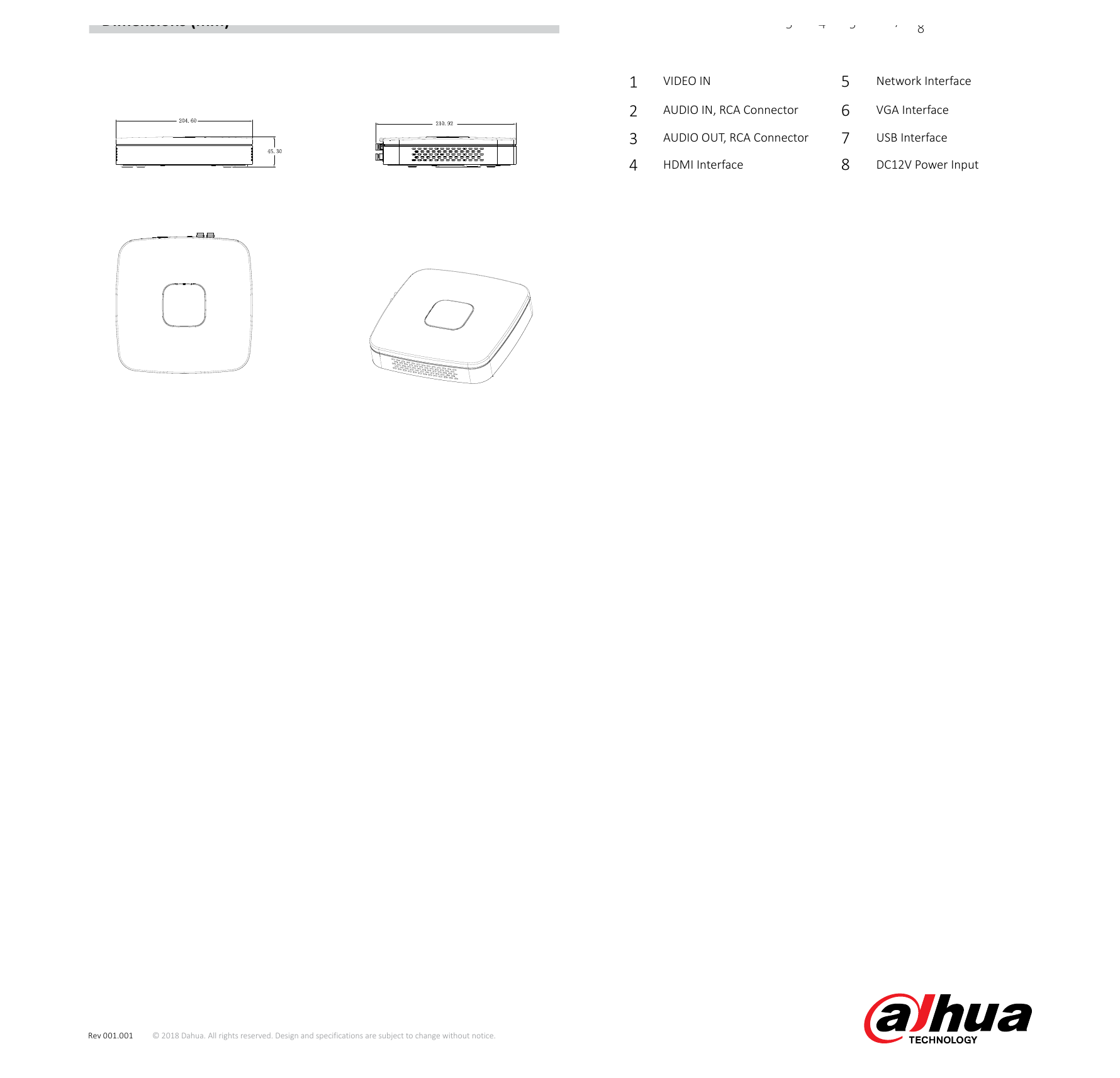 DH-XVR4104C-X1 外形尺寸圖 Smart 1U, 205mm×211mm×45mm (8.1“×8.3”×1.8“)｜Unit: mm