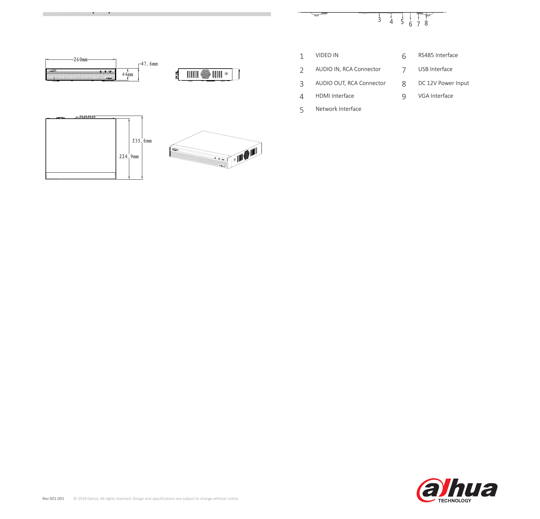 DH-XVR4108HS-X 外形尺寸圖 Compact 1U, 260×236×48mm(10.2"×9.3"×1.9")｜Unit: mm