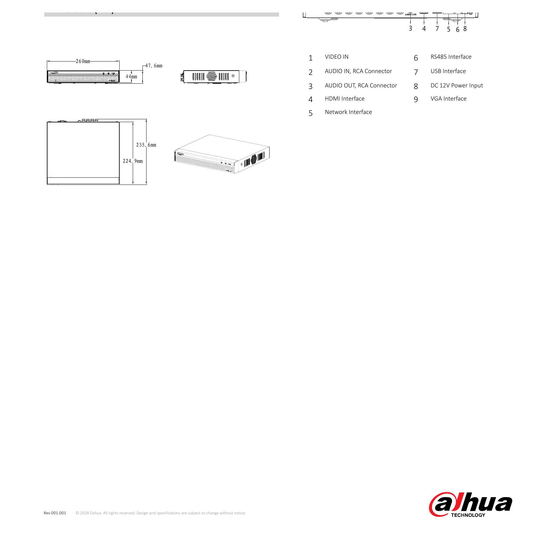 DH-XVR4116HS-X 外形尺寸圖 Compact 1U, 260×236×48mm(10.2"×9.3"×1.9")｜Unit: mm