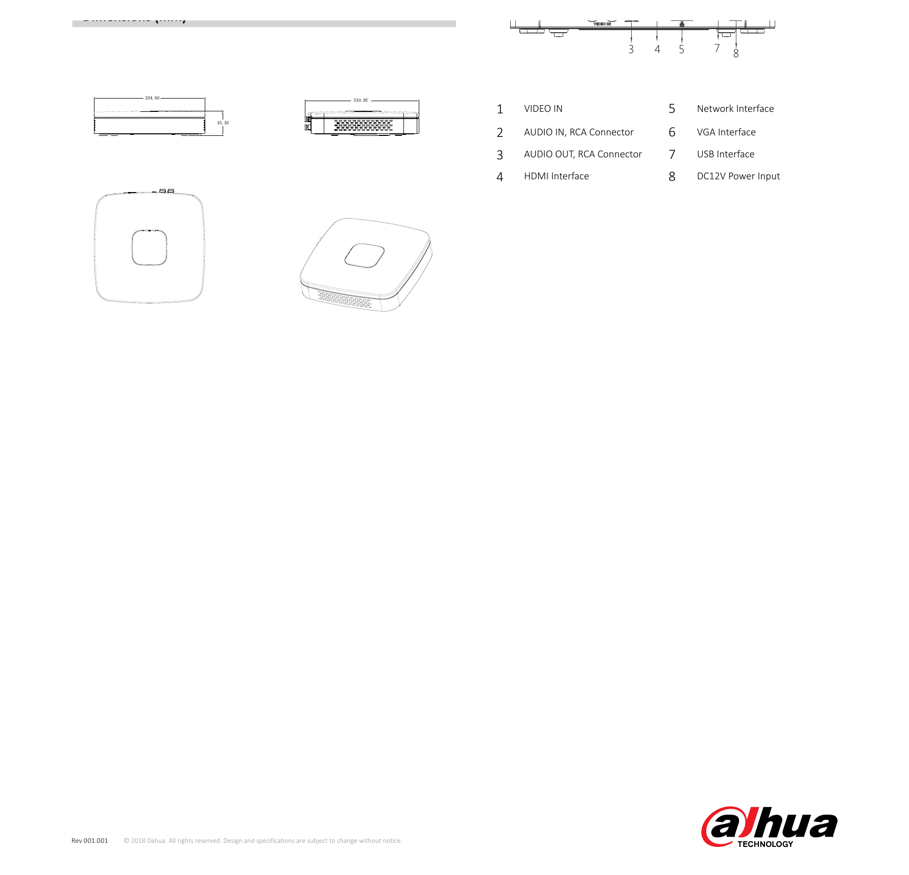 DH-XVR5104C-X1 外形尺寸圖 Smart 1U, 205mm×211mm×45mm (8.1“×8.3”×1.8“)｜Unit: mm