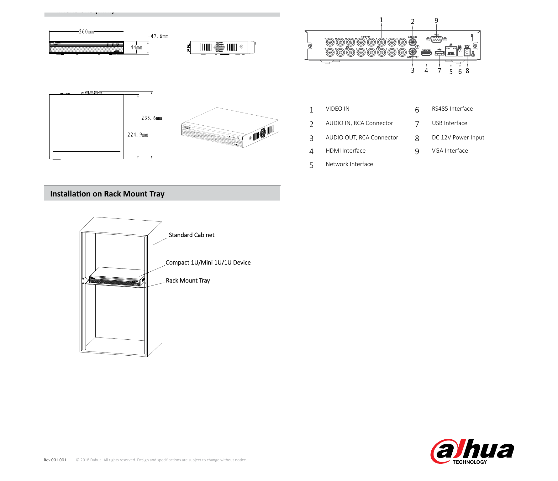 DH-XVR5108-5116HS-X 外形尺寸圖 Compact 1U, 260×236×48mm(10.2"×9.3"×1.9")｜Unit: mm