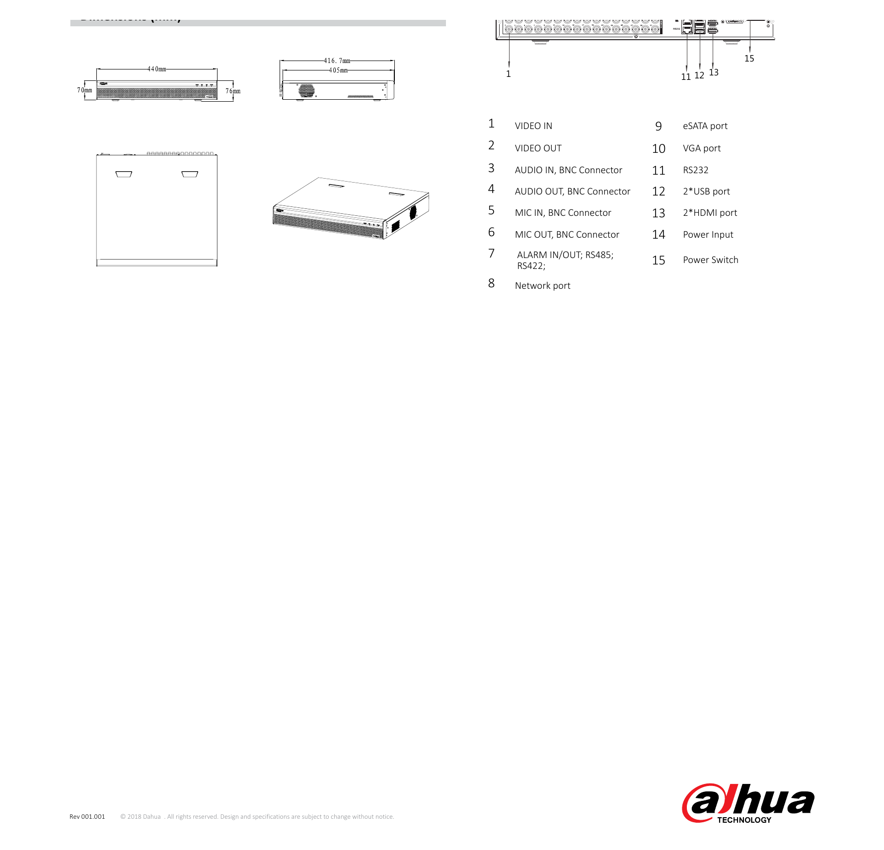 DH-XVR5432L-X 外形尺寸圖 1.5U, 440mm×417mm×76mm (17.3"x 16.4" x 3.0")｜Unit: mm
