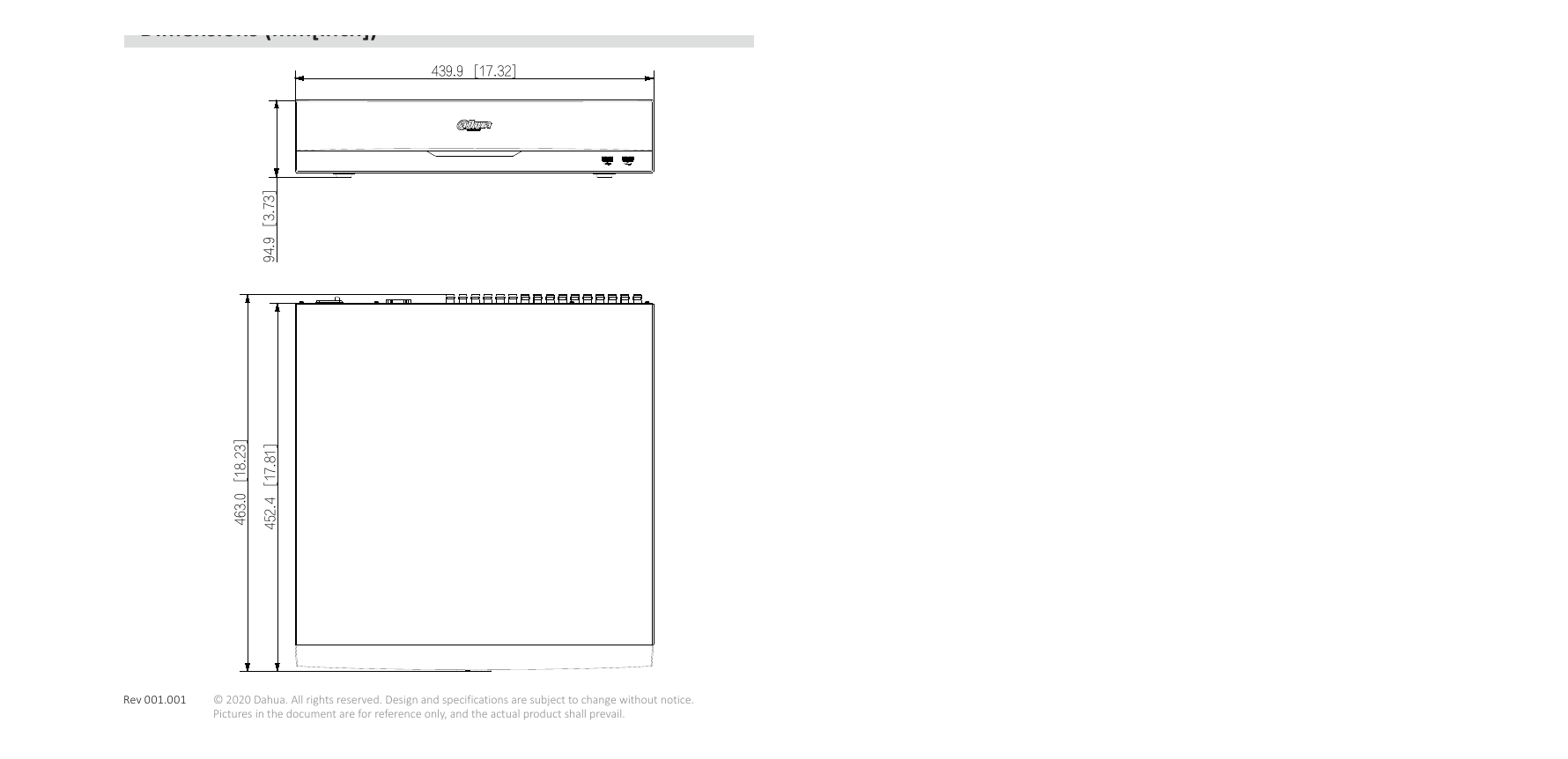 DH-XVR5832S-I2 外形尺寸圖 1 3 5 7 8 10 12 14 15 (17.32'' × 18.23'' × 3.73'') Net Weight 6.9 kg (15.3 lb) (without HDD)｜Unit: mm