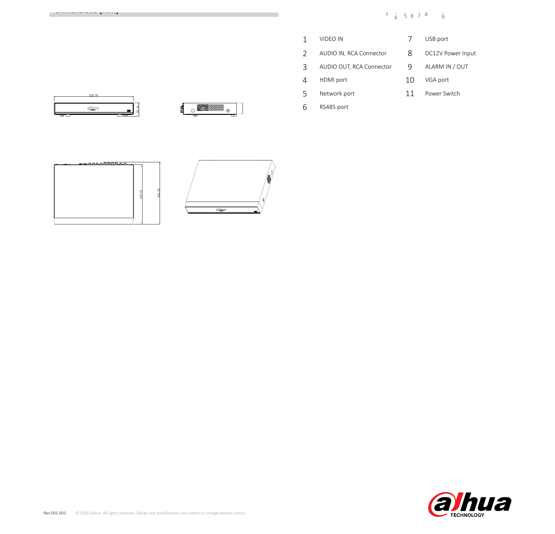 DH-XVR7108HE-4K-X 外形尺寸圖 Mini 1U, 325mm×255mm×55mm (12.8" x 10" x 2.2")｜Unit: mm
