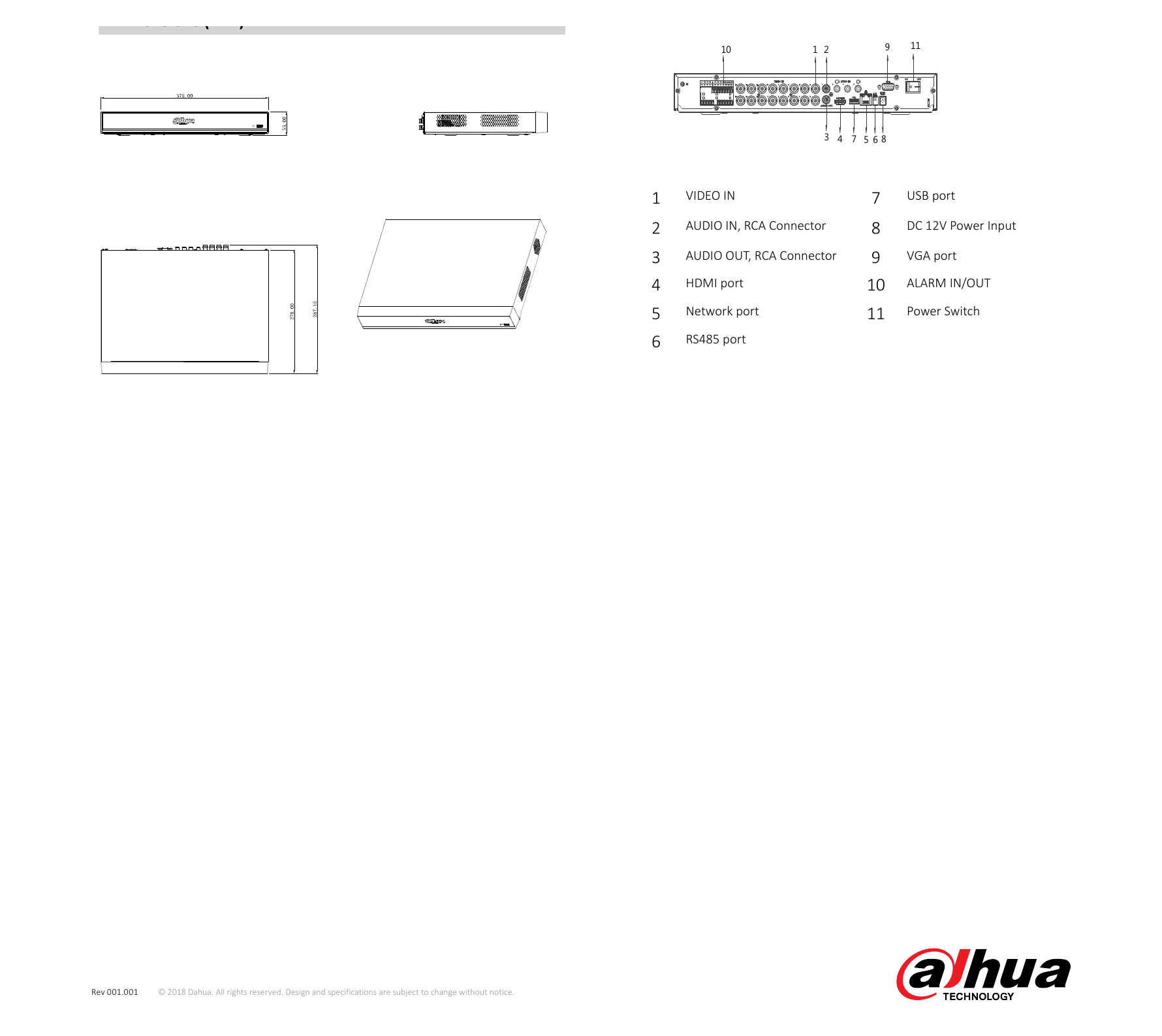 DH-XVR7208-16A-4KL-X 外形尺寸圖 1U, 375mm×287mm×53mm (14.8" x 11.3" x 2.1")｜Unit: mm