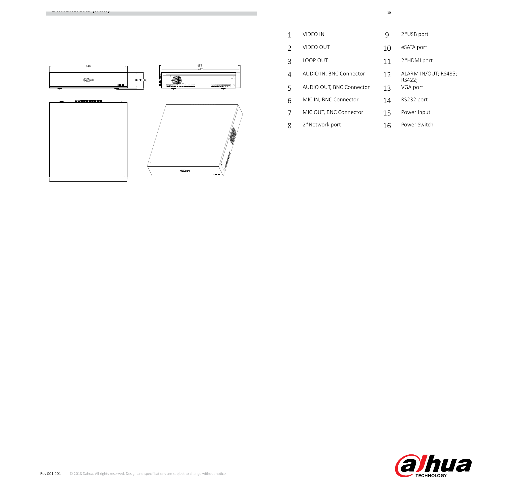 DH-XVR7816S-4KL-X-LP 外形尺寸圖 2U, 440mm×455mm×95mm (17.3" x 17.9" x 3.7")｜Unit: mm