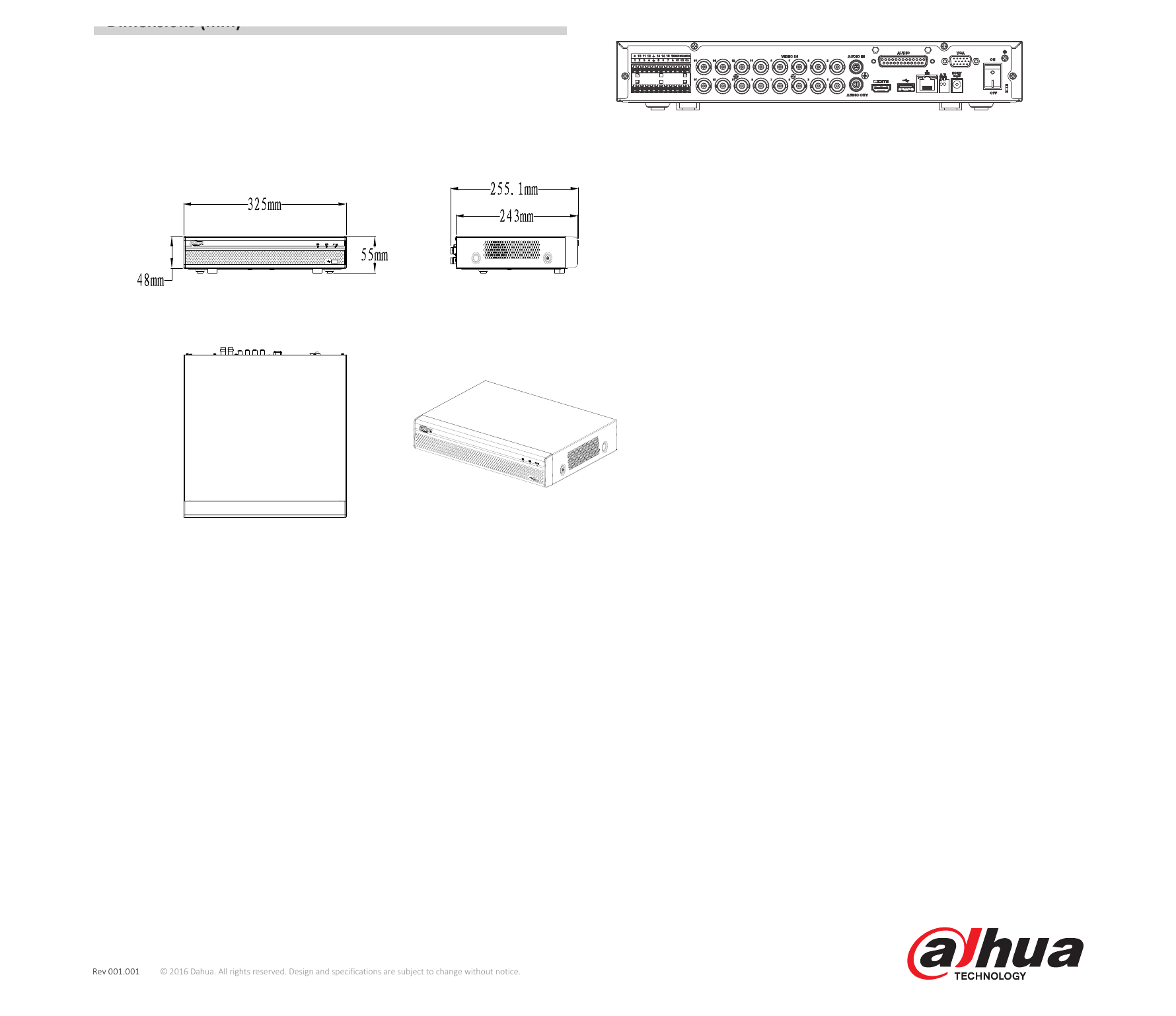DHI-HCVR5104-5108-5116HE-S3 外形尺寸圖 Mini 1U, 325mm×255mm×55mm (12.8" x 10" x 2.2")｜Unit: mm