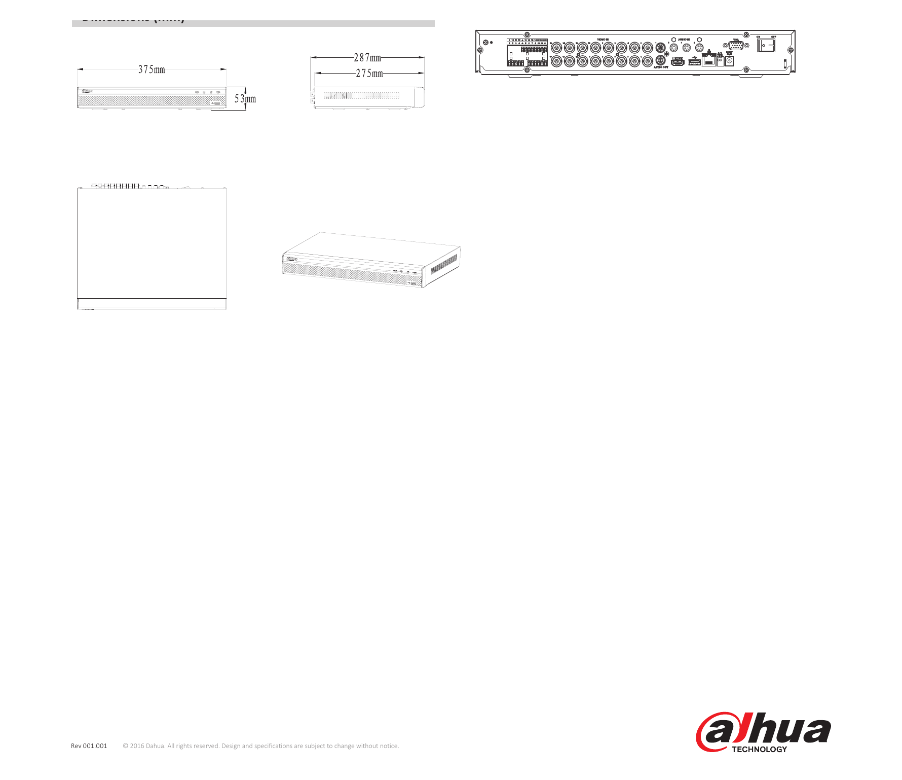 DHI-HCVR5204-5208-5216A-S3 外形尺寸圖 1U, 375mm×287mm×53mm (14.8" x 11.3" x 2.1")｜Unit: mm