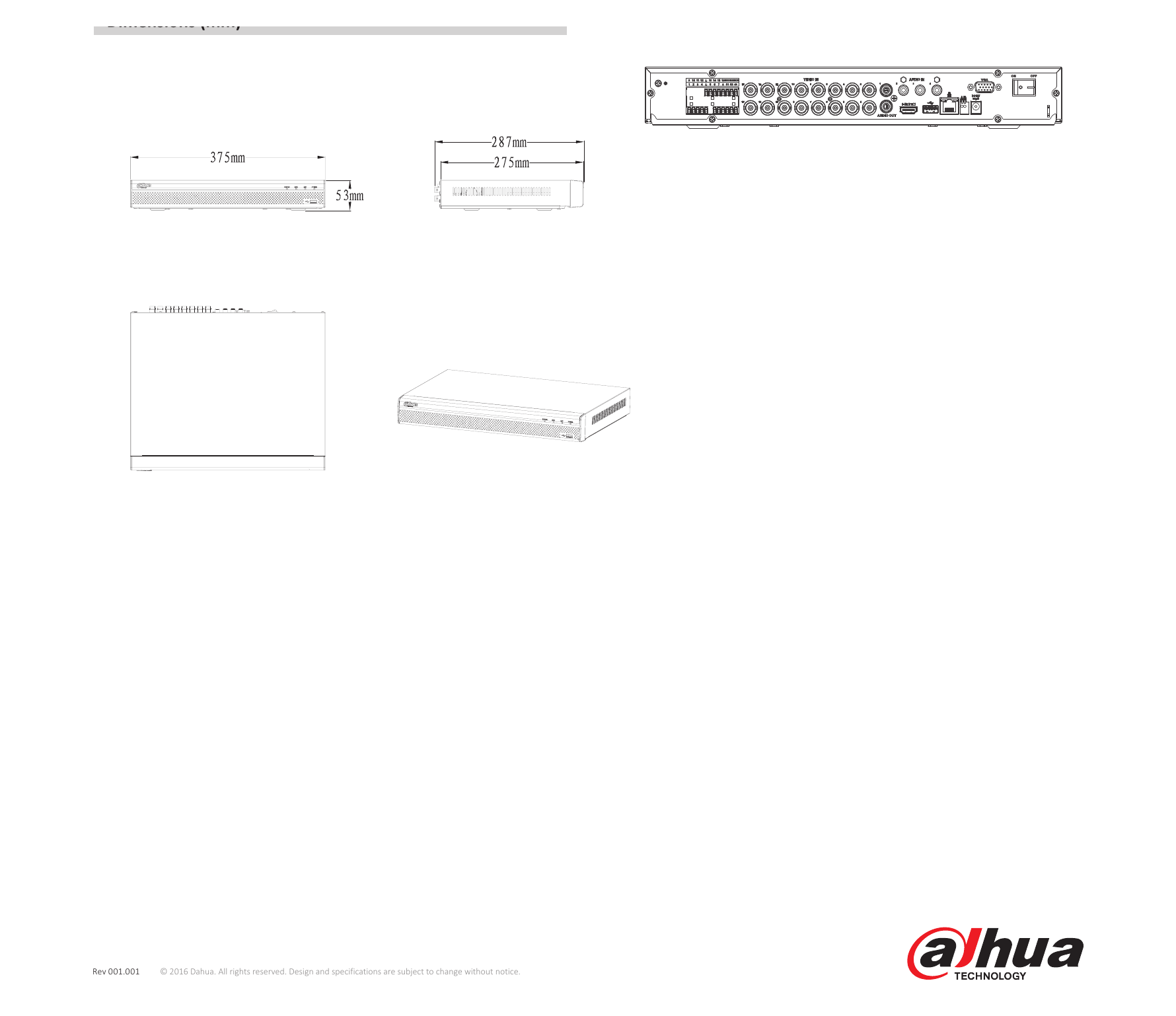 DHI-HCVR7204-7208-7216A-S3 外形尺寸圖 1U, 375mm×287mm×53mm (14.8" x 11.3" x 2.1)")｜Unit: mm