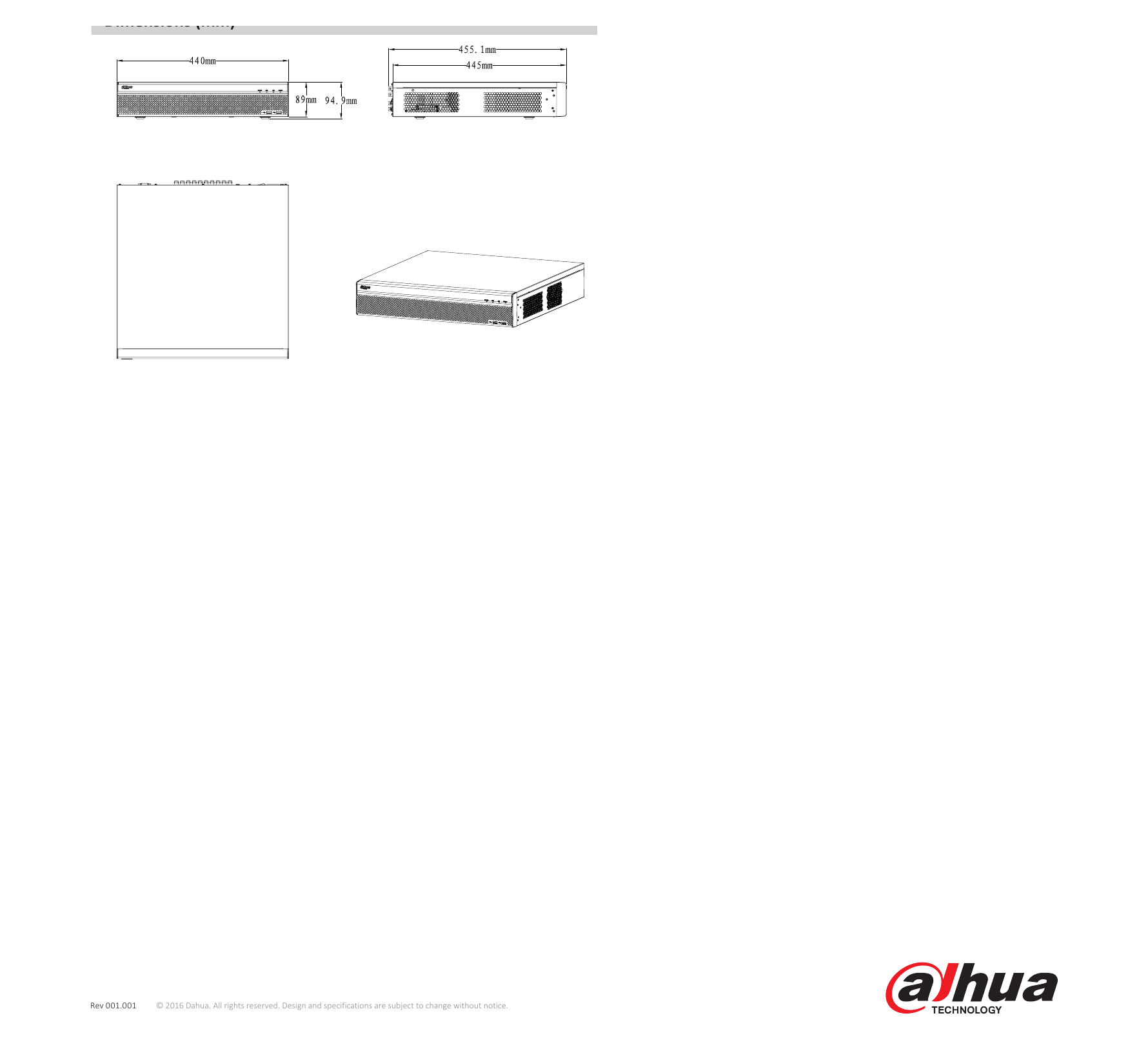 DHI-HCVR8808-8816S-S3 外形尺寸圖 2U, 440mm×460mm×89mm (17.2"×18.1"×3.5")｜Unit: mm