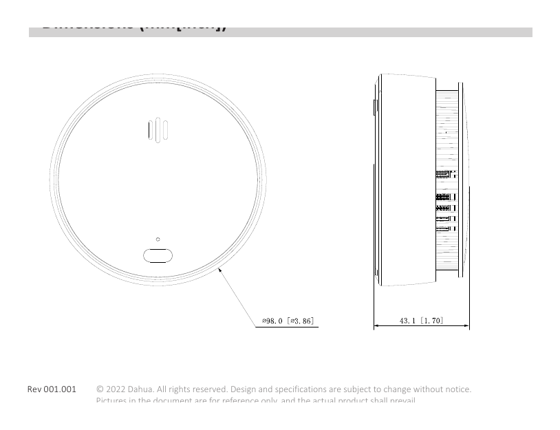 DHI-HY-SA21A-W2 外形尺寸圖 φ98 mm × H43.1 mm (φ3.85" × H1.70")｜重量 140 g (0.30 lb)｜Unit: mm