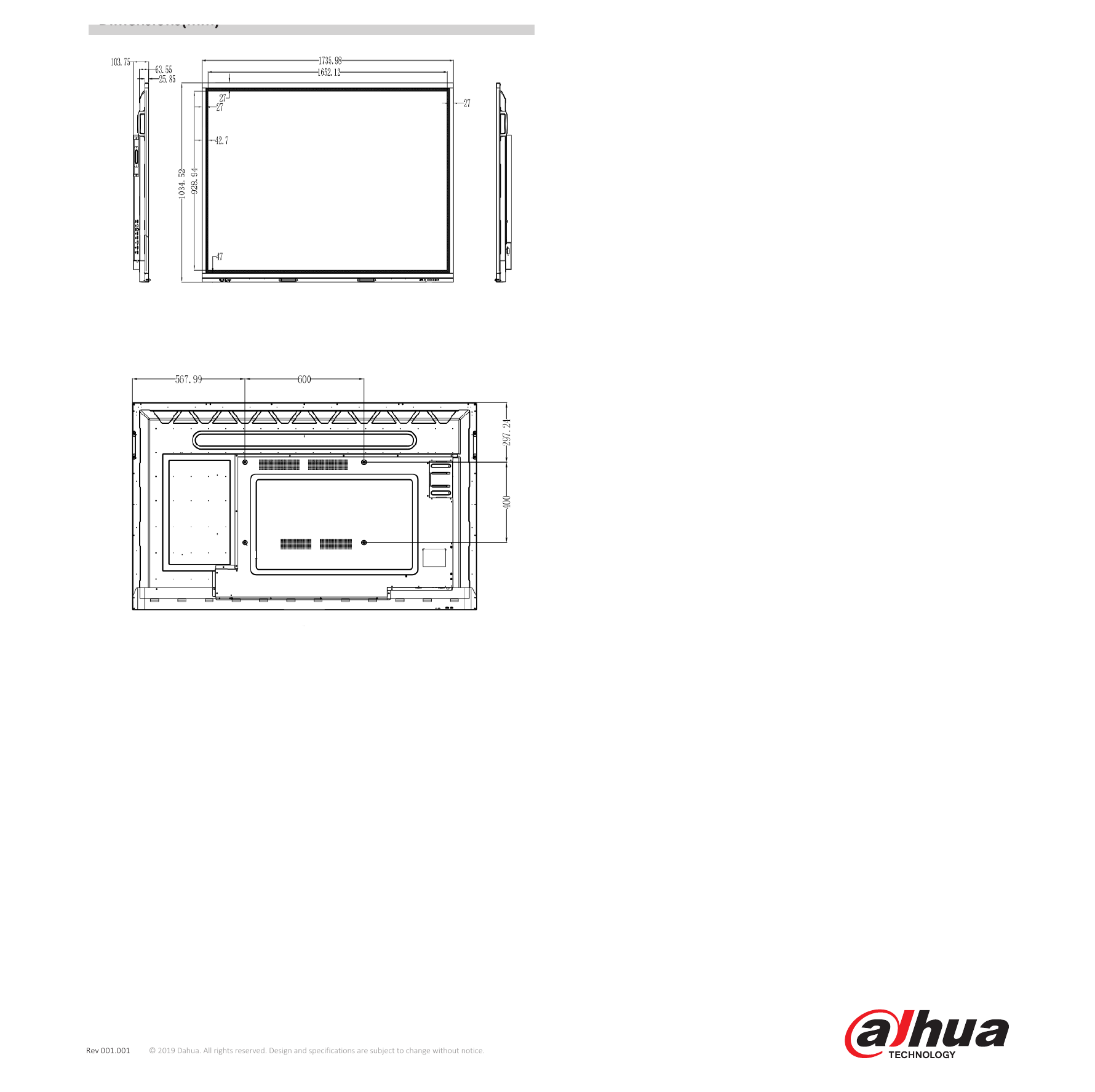DHI-LU75-LT400 外形尺寸圖 1735.98mm × 103.75mm × 1034.52mm｜Unit: mm