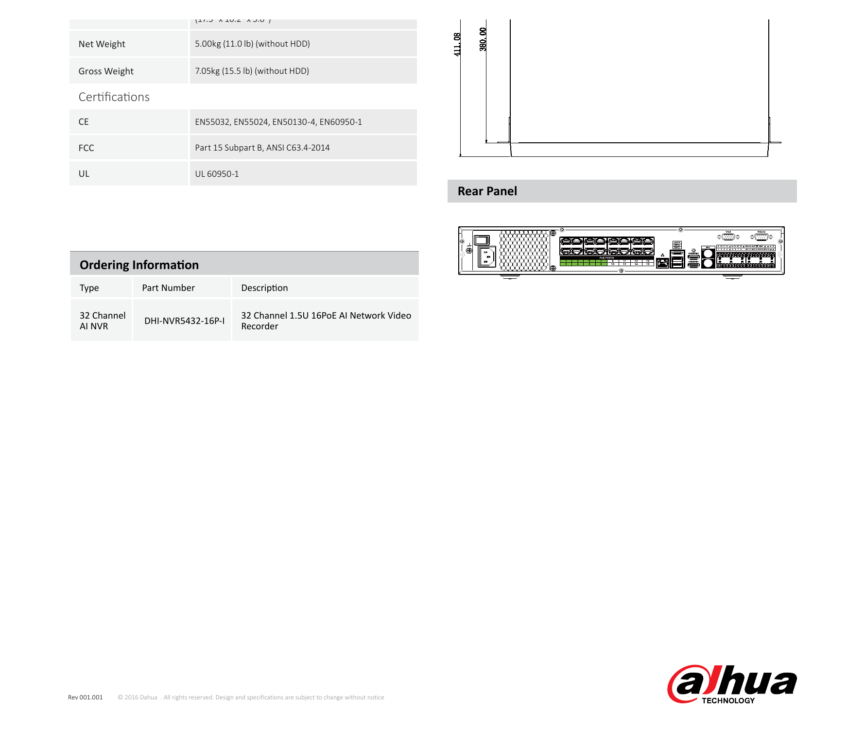 DHI-NVR5432-16P-I 外形尺寸圖 詳見圖示｜Unit: mm