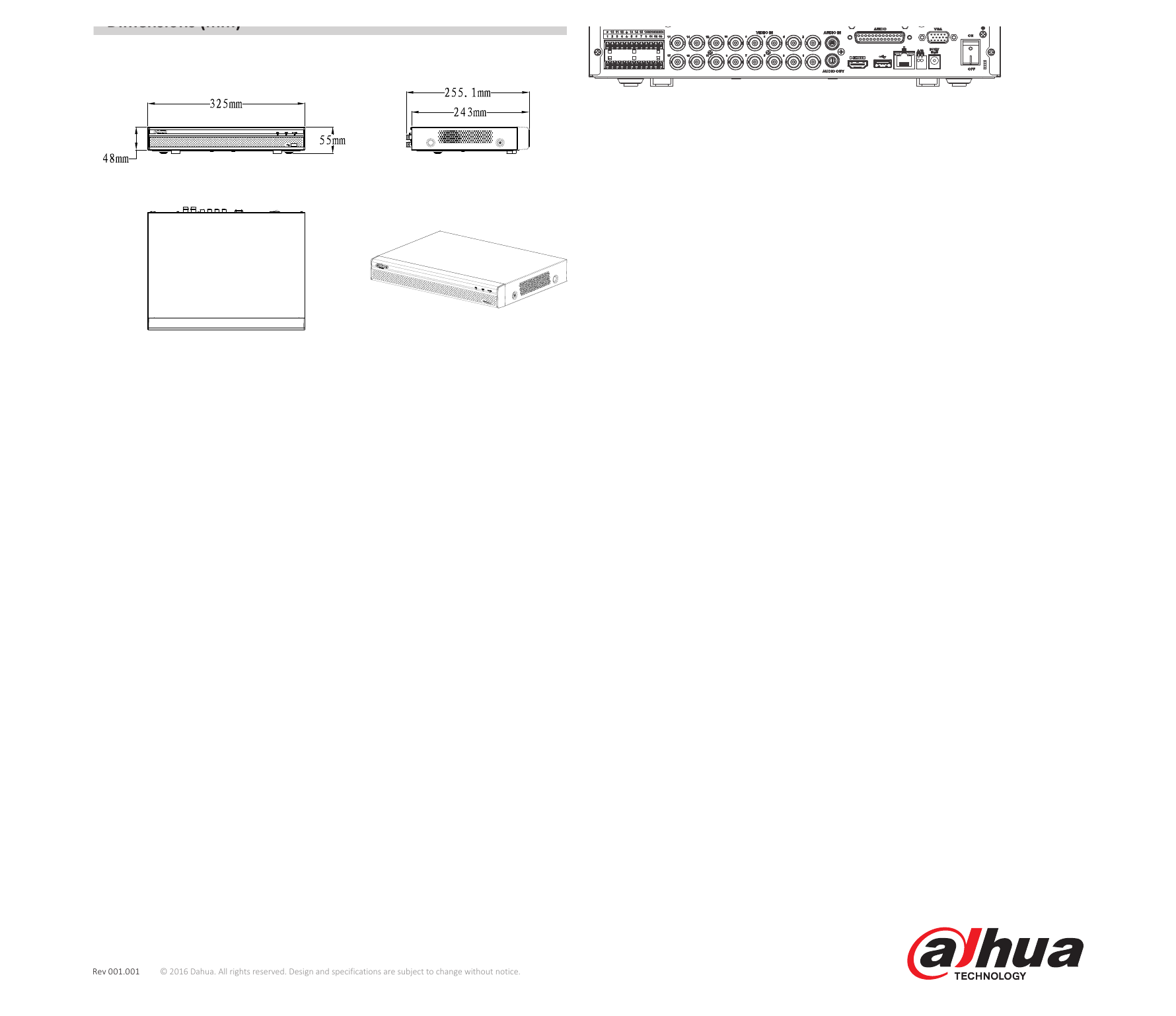 DHI-XVR4104-4108-4116HE 外形尺寸圖 Mini 1U, 325mm×255mm×55mm (12.8" x 10" x 2.2")｜Unit: mm