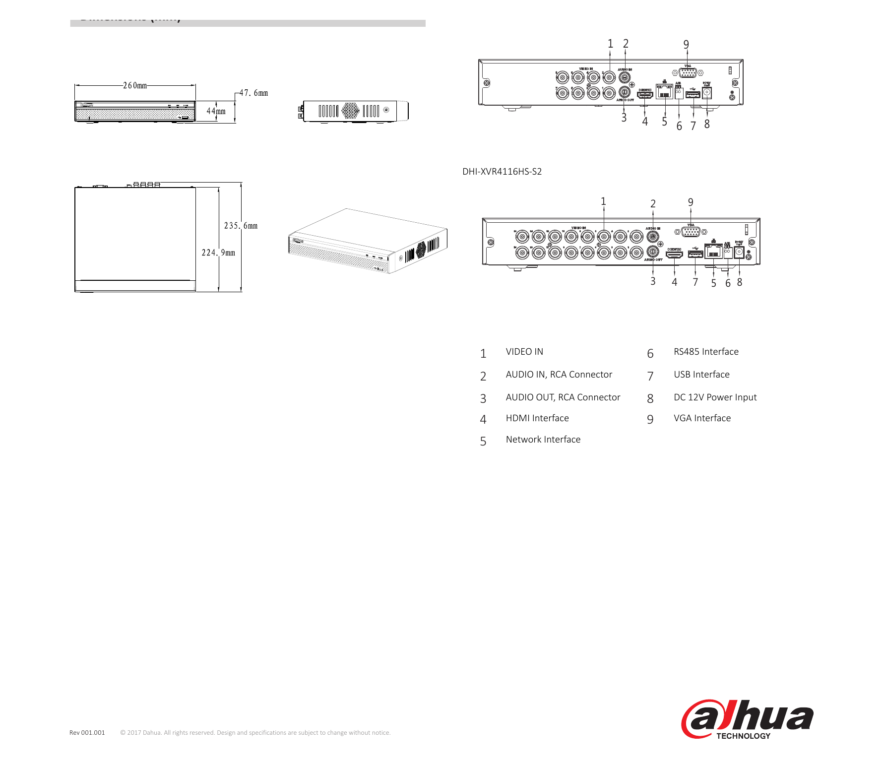 DHI-XVR4104-4108-4116HS-S2 外形尺寸圖 詳見圖示｜Unit: mm