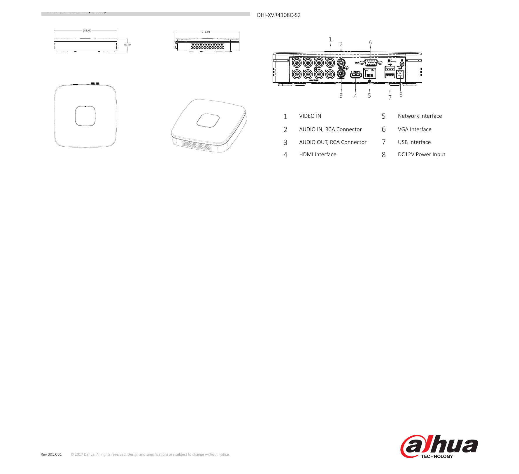 DHI-XVR4104C-4108C-S2 外形尺寸圖 詳見圖示｜Unit: mm