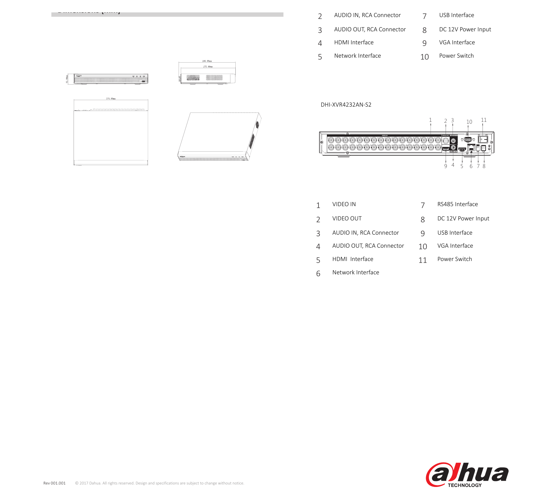 DHI-XVR4216-32AN-S2 外形尺寸圖 1U, 375mm×287mm×53mm (14.8" x 11.3" x 2.1") 16CH: When IP extension mode not enabled:1/4/8/9/16 Net Weight 2.35kg (5.2 l