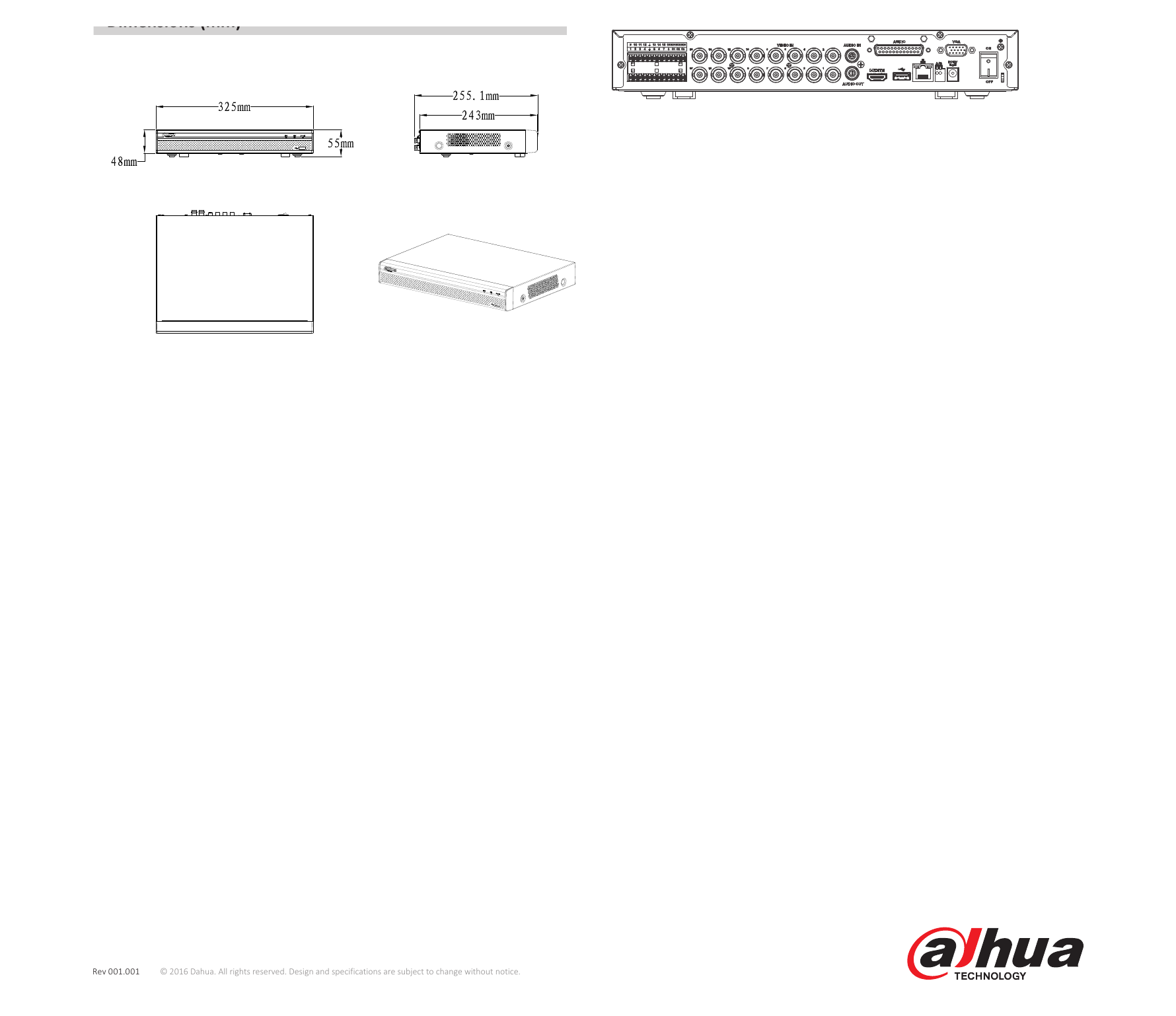 DHI-XVR5104-5108-5116HE 外形尺寸圖 Mini 1U, 325mm×255mm×55mm (12.8" x 10" x 2.2")｜Unit: mm