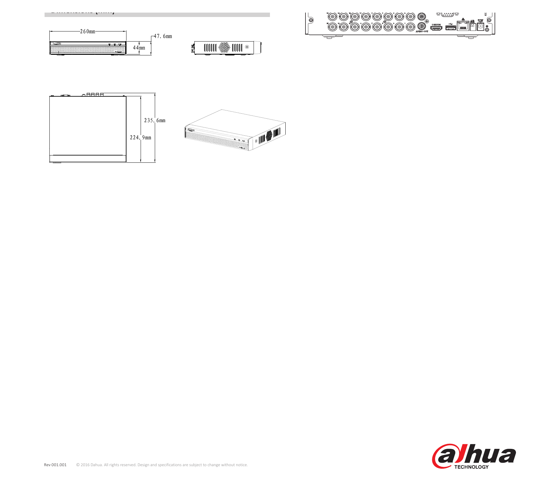 DHI-XVR5104-5108-5116HS 外形尺寸圖 Compact 1U, 260×236×48mm(10.2"×9.3"×1.9")｜Unit: mm